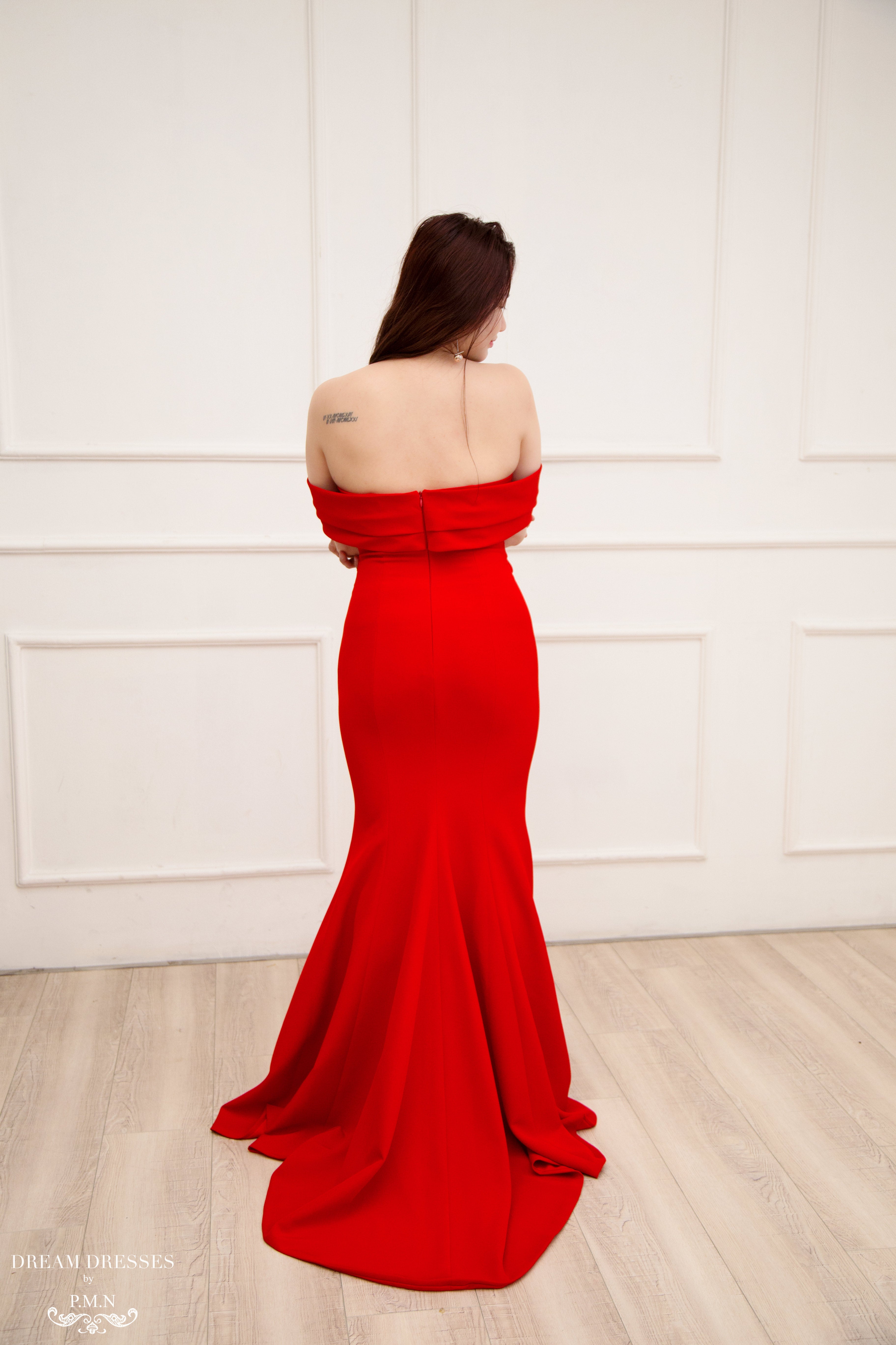 Red Crepe Bridal Gown with Side Slit (#Cathy)