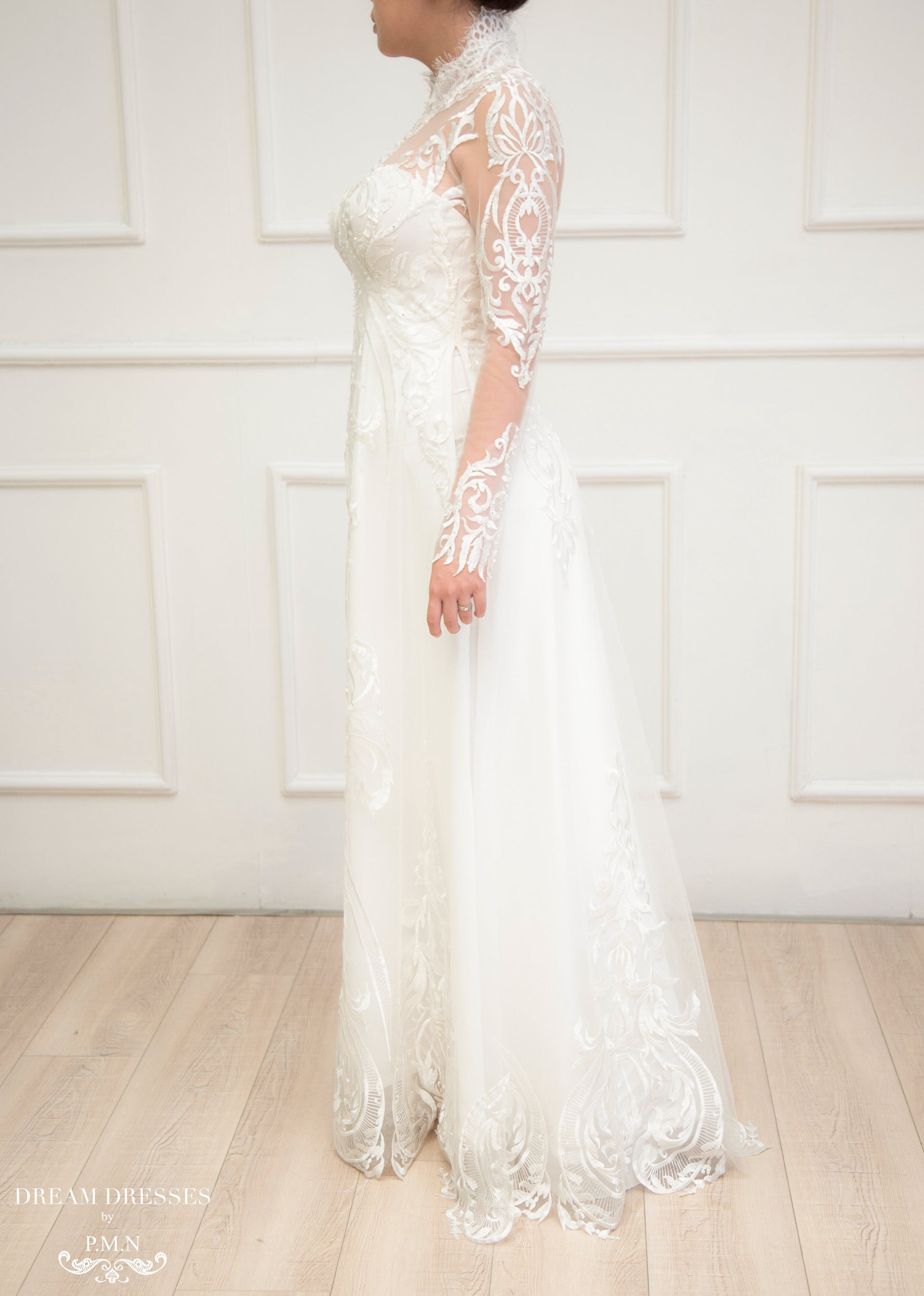 White Bridal Ao Dai | Modern Vietnamese Lace Bridal Dress (#YVONNE) - Dream Dresses by P.M.N.