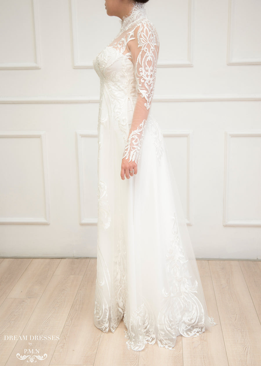 White Bridal Ao Dai | Modern Vietnamese Lace Bridal Dress (#YVONNE) - Dream Dresses by P.M.N.