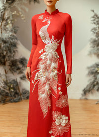 Red Bridal Ao Dai | Vietnamese Traditional Bridal Dress with Embellishments (#MONALISA) - Dream Dresses by P.M.N.