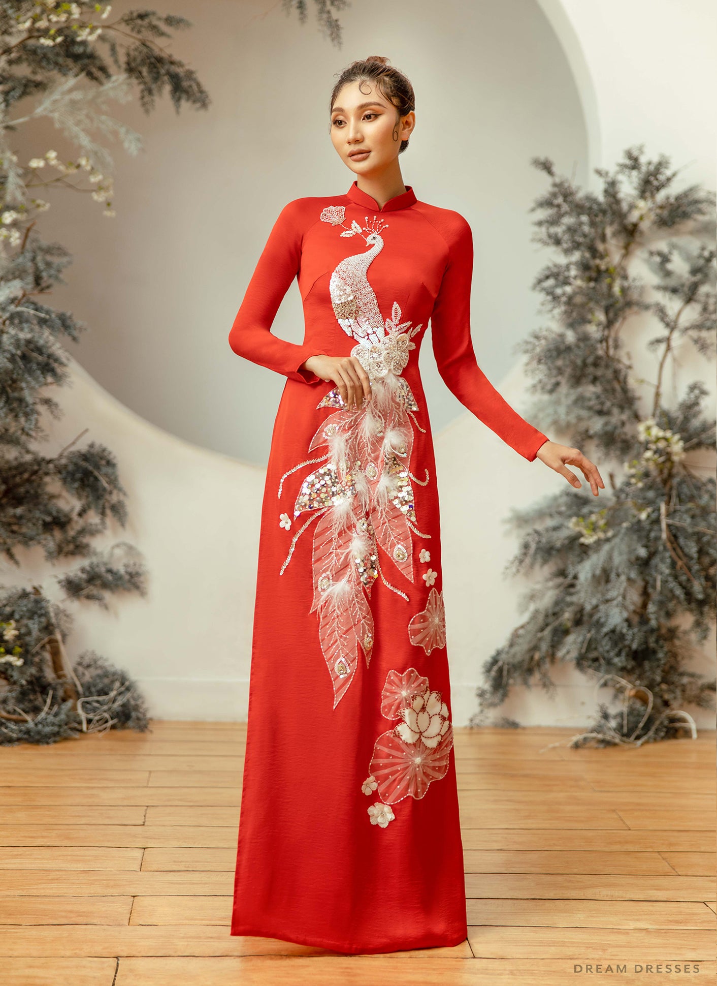 Red Bridal Ao Dai, Vietnamese Traditional Bridal Dress with Embellish