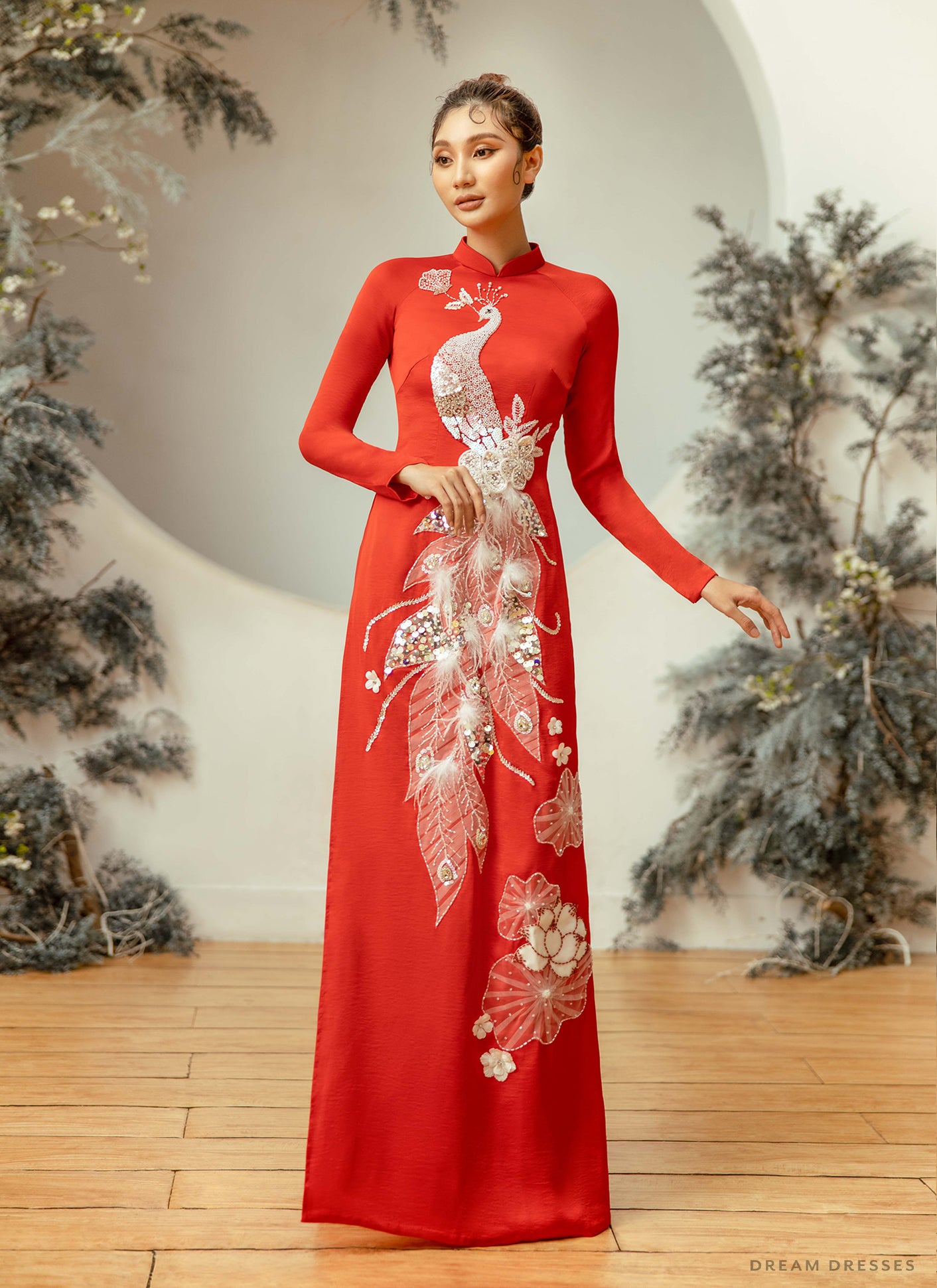 DreamDress By PMN Monalisa Vietnamese Ao Dai Inspired Wedding Dress Gown Red Tall Collar Silver Peacock Accents Embellishments Pants