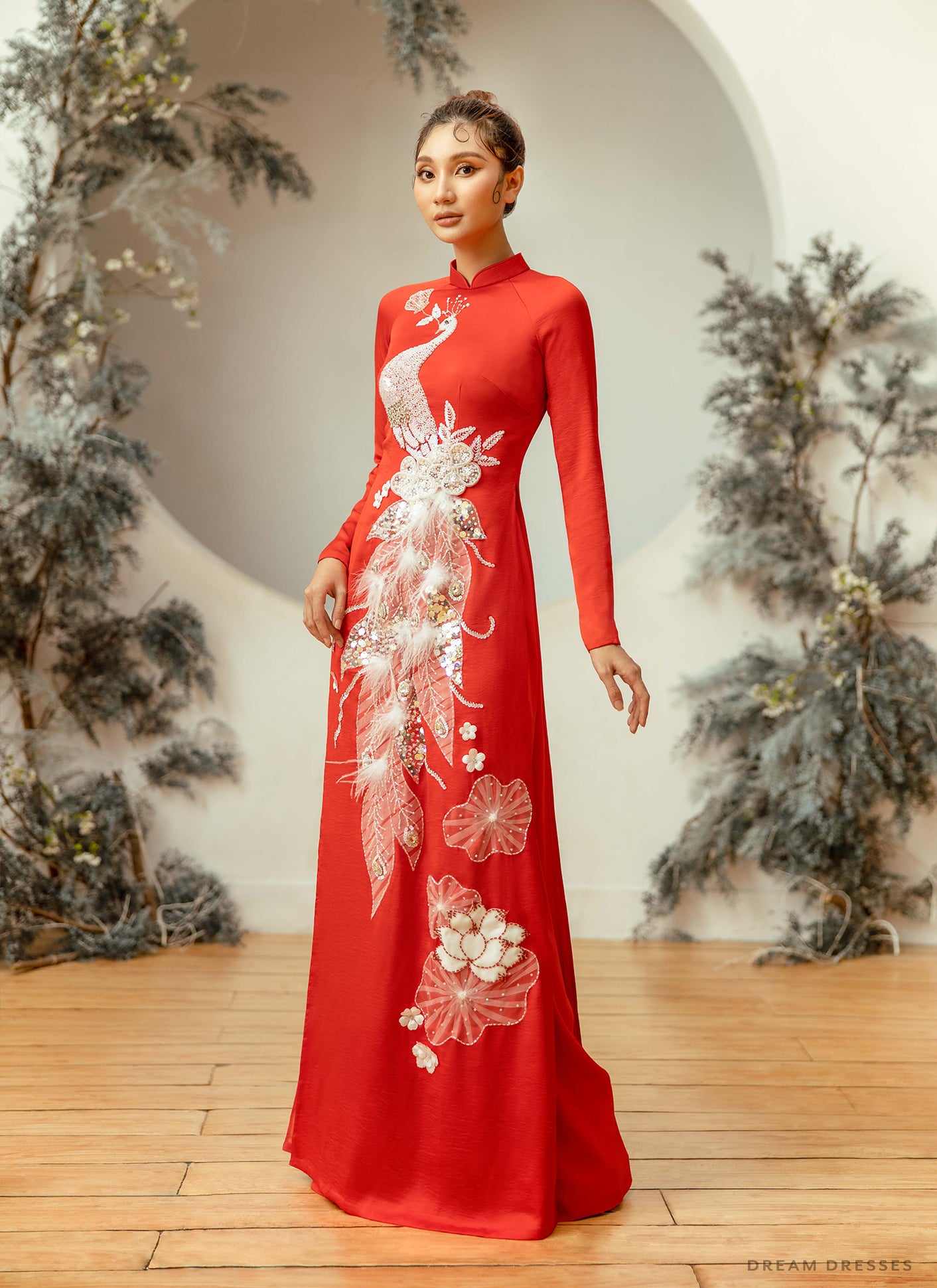 Red Bridal Ao Dai | Vietnamese Traditional Bridal Dress with Embellishments (#MONALISA) - Dream Dresses by P.M.N.