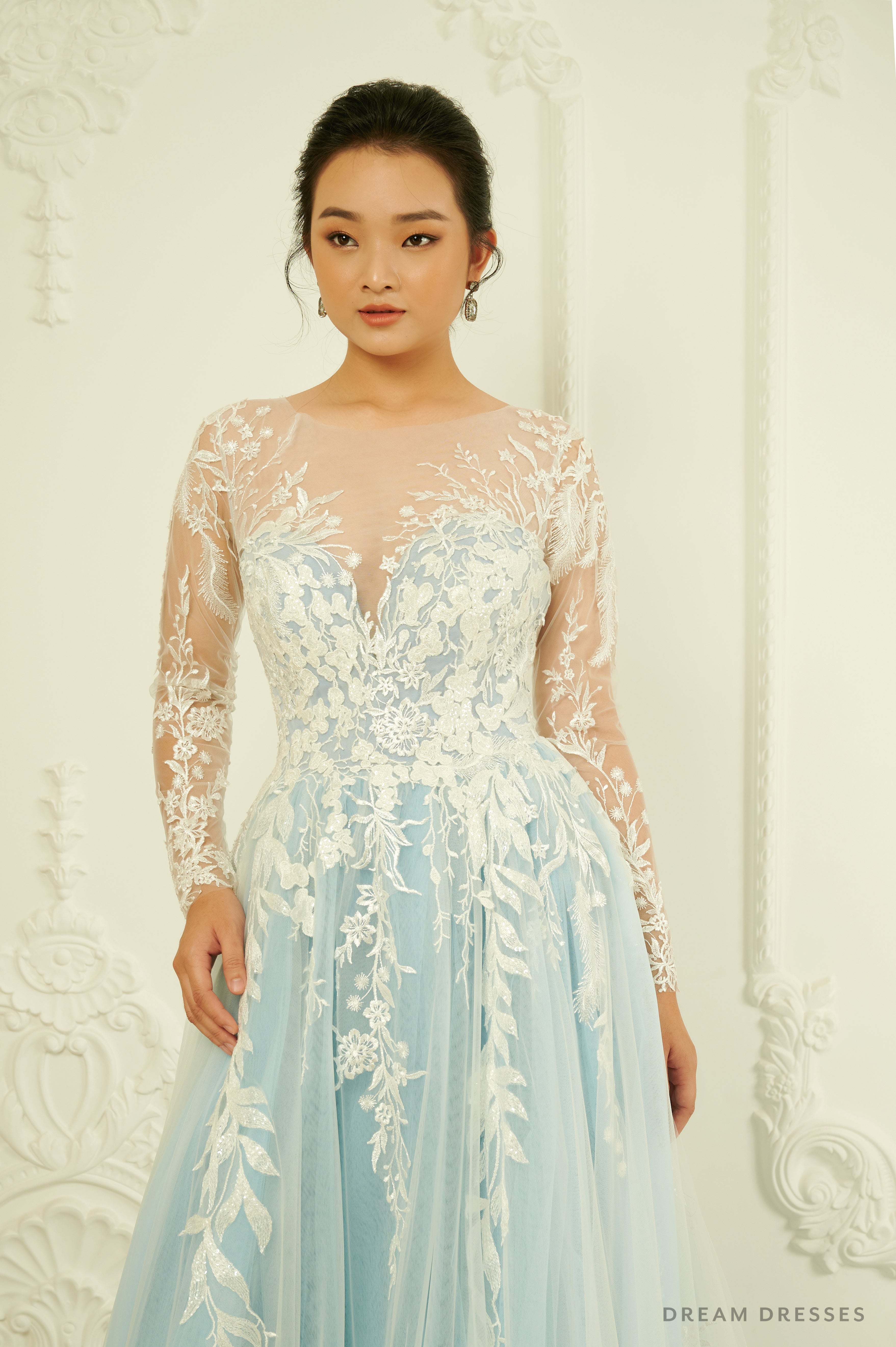 DreamDress By PMN Madeleine A-Line Wedding Dress Gown Illusion Neckline Floral Embellishments Chapel Long Sleeves | Size: Custom DreamDress By PMN Madeleine A-Line Wedding Dress Gown Illusion Neckline Floral Embellishments Chapel Long Sleeves | Size: Custom