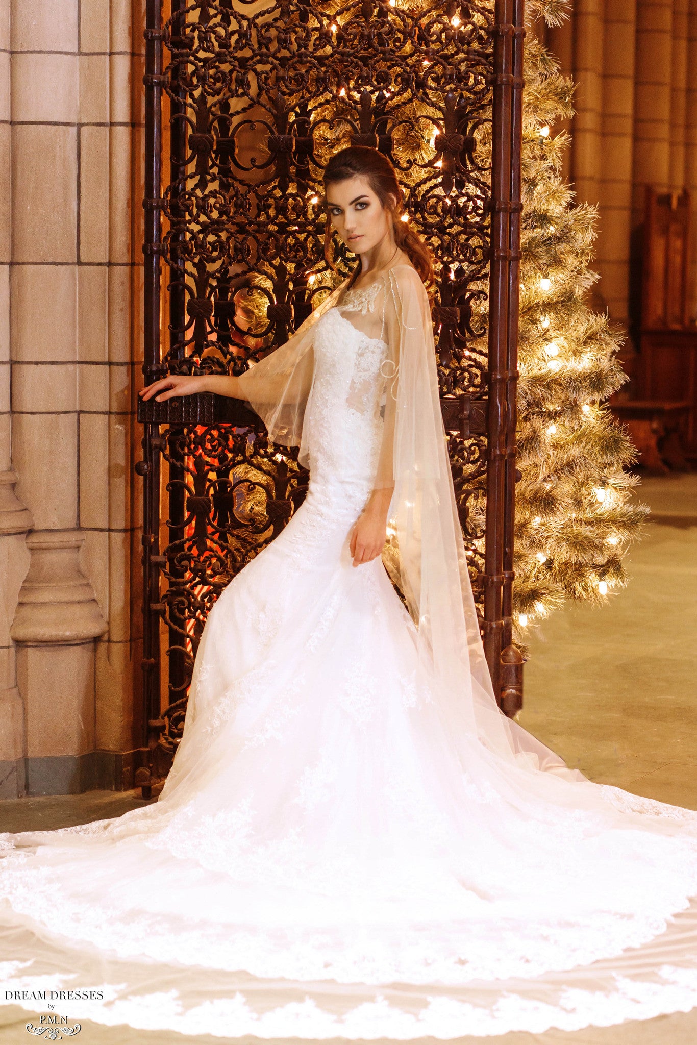 DreamDress By PMN Maeva Beaded Bridal Wedding Cape Scoop Neckline With Couture Embellishment Soft Tulle | Size: Below Hips | Color: Ivory DreamDress By PMN Maeva Beaded Bridal Wedding Cape Scoop Neckline With Couture Embellishment Soft Tulle | Size: Below Hips | Color: Ivory
