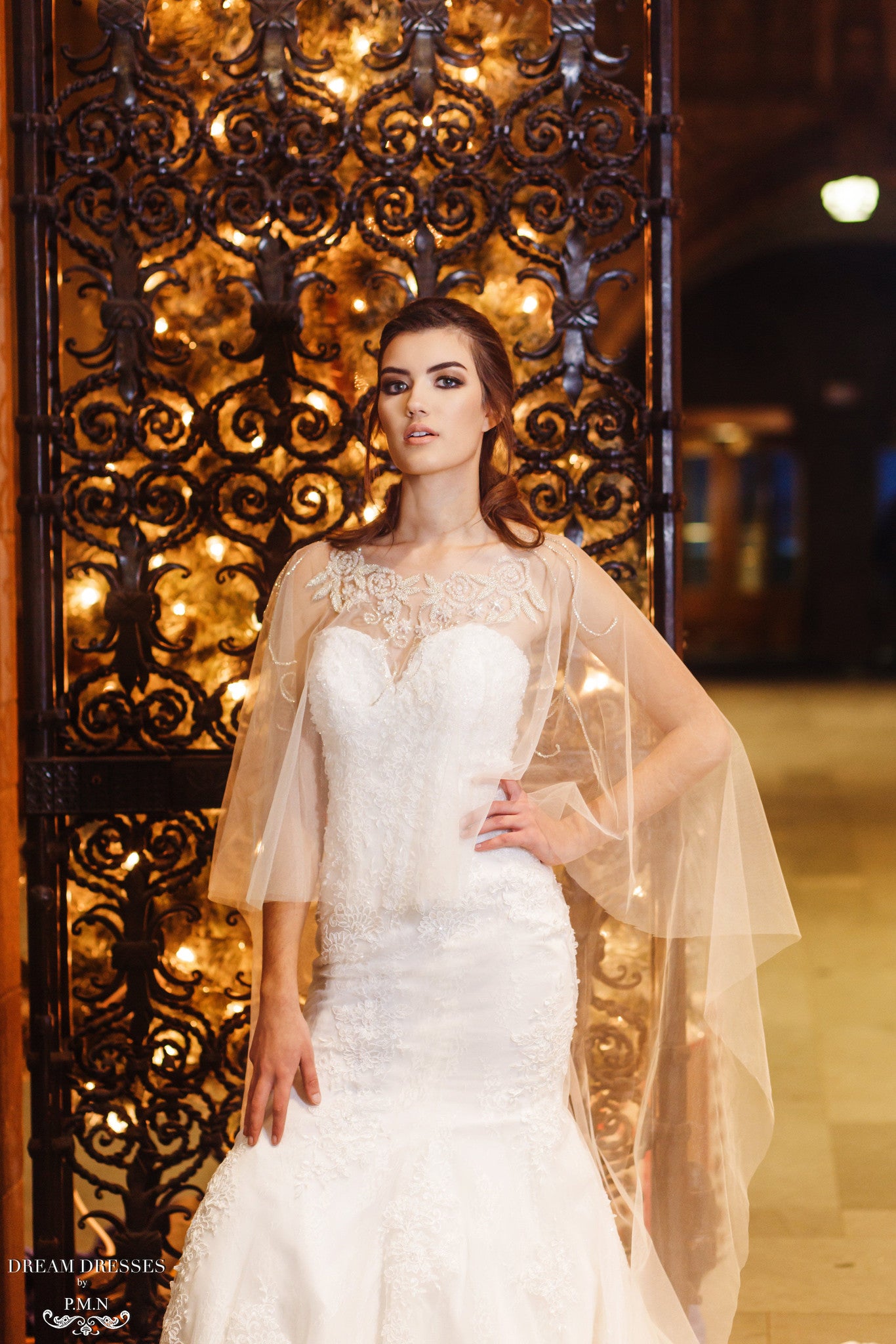 DreamDress By PMN Maeva Beaded Bridal Wedding Cape Scoop Neckline With Couture Embellishment Soft Tulle | Size: Below Hips | Color: Ivory DreamDress By PMN Maeva Beaded Bridal Wedding Cape Scoop Neckline With Couture Embellishment Soft Tulle | Size: Below Hips | Color: Ivory