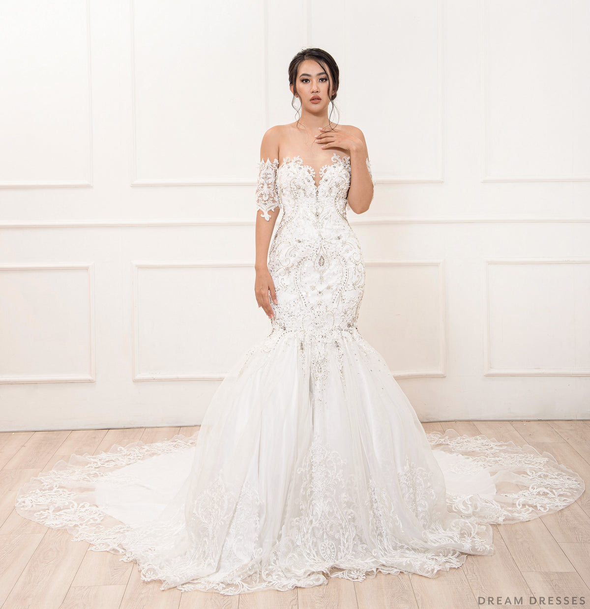 mermaid rhinestone wedding dresses DreamDress By PMN Dress Gown Plunging Strapless Crystals Floral Embellishment Fully Beaded Cathedral Train Size:Pre-order 9XL Eileen Fisher Petites Extra-Fine inspired wedding. Becky