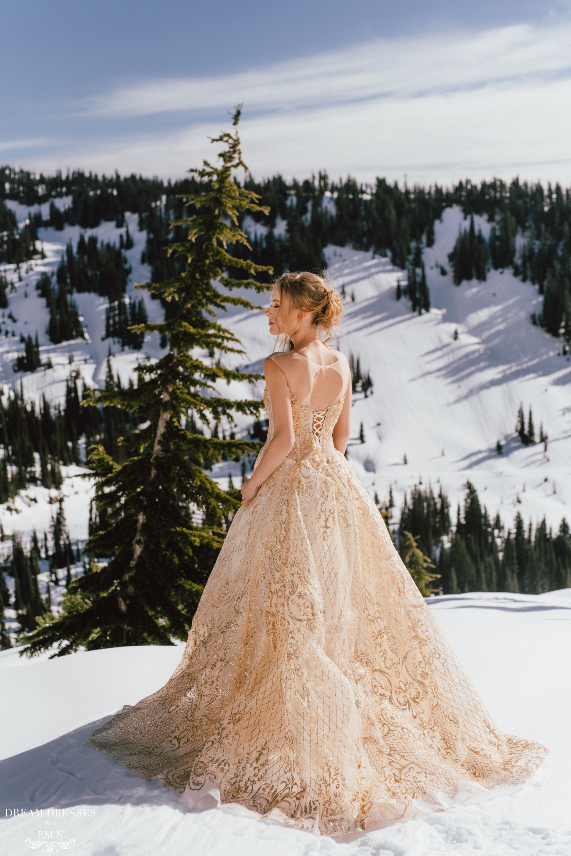 DreamDress By PMN Theia Gold Ball Wedding Dress Gown Illusion Neckline Embellishment Sheer Bodice Sleeveless Chapel Train Glitter