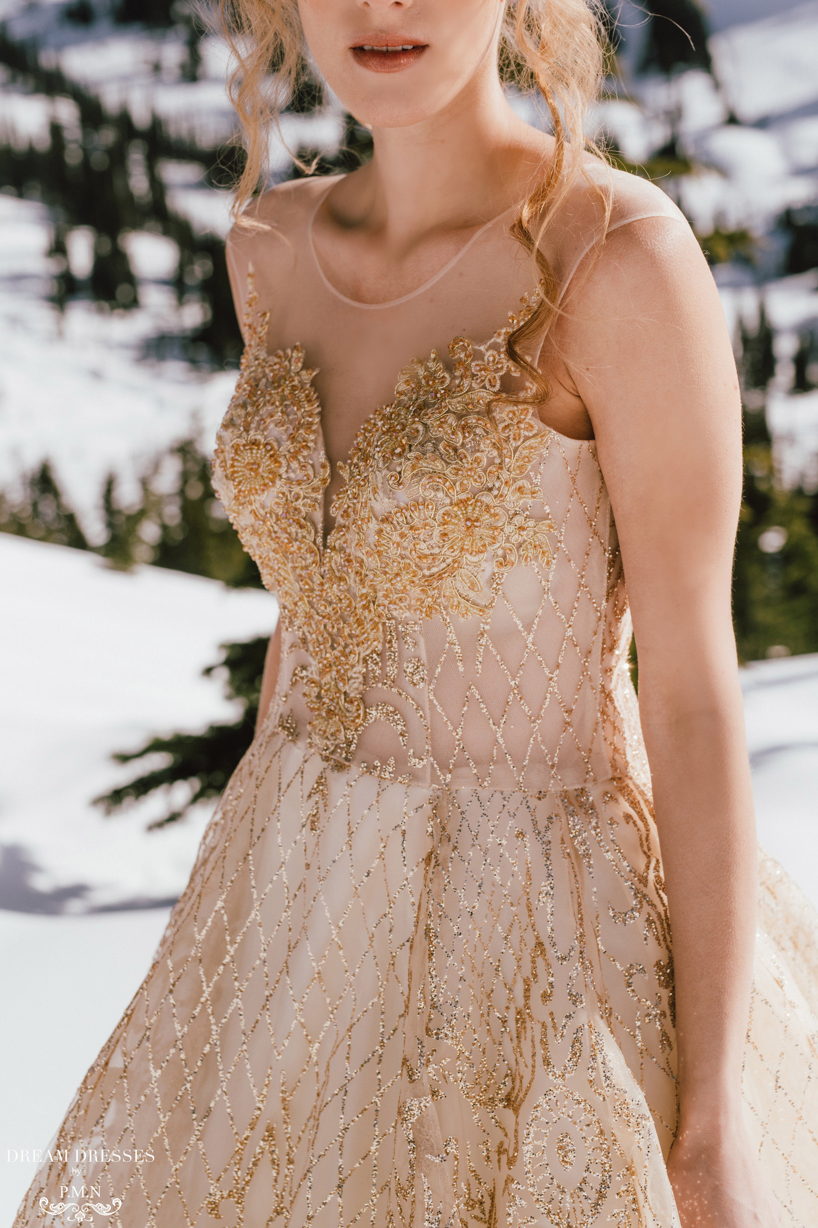 DreamDress By PMN Theia Gold Ball Wedding Dress Gown Illusion Neckline Embellishment Sheer Bodice Sleeveless Chapel Train Glitter | Size: Custom DreamDress By PMN Theia Gold Ball Wedding Dress Gown Illusion Neckline Embellishment Sheer Bodice Sleeveless Chapel Train Glitter | Size: Custom