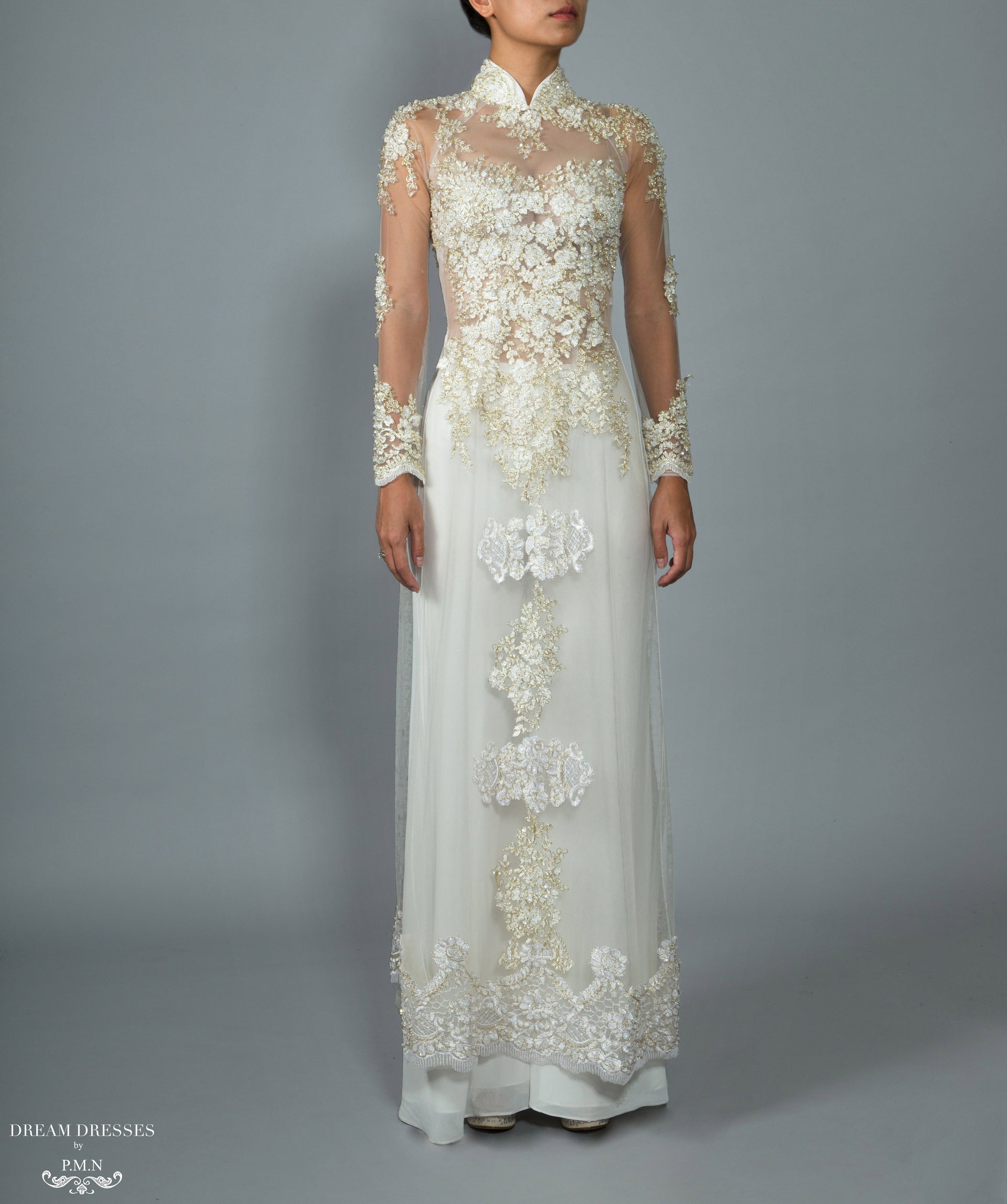 White Bridal Ao Dai | Custom Made Vietnamese Bridal Dress (#NADINE) - Dream Dresses by P.M.N.