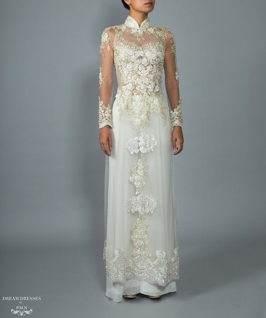 White Bridal Ao Dai | Custom Made Vietnamese Bridal Dress (#NADINE) - Dream Dresses by P.M.N.