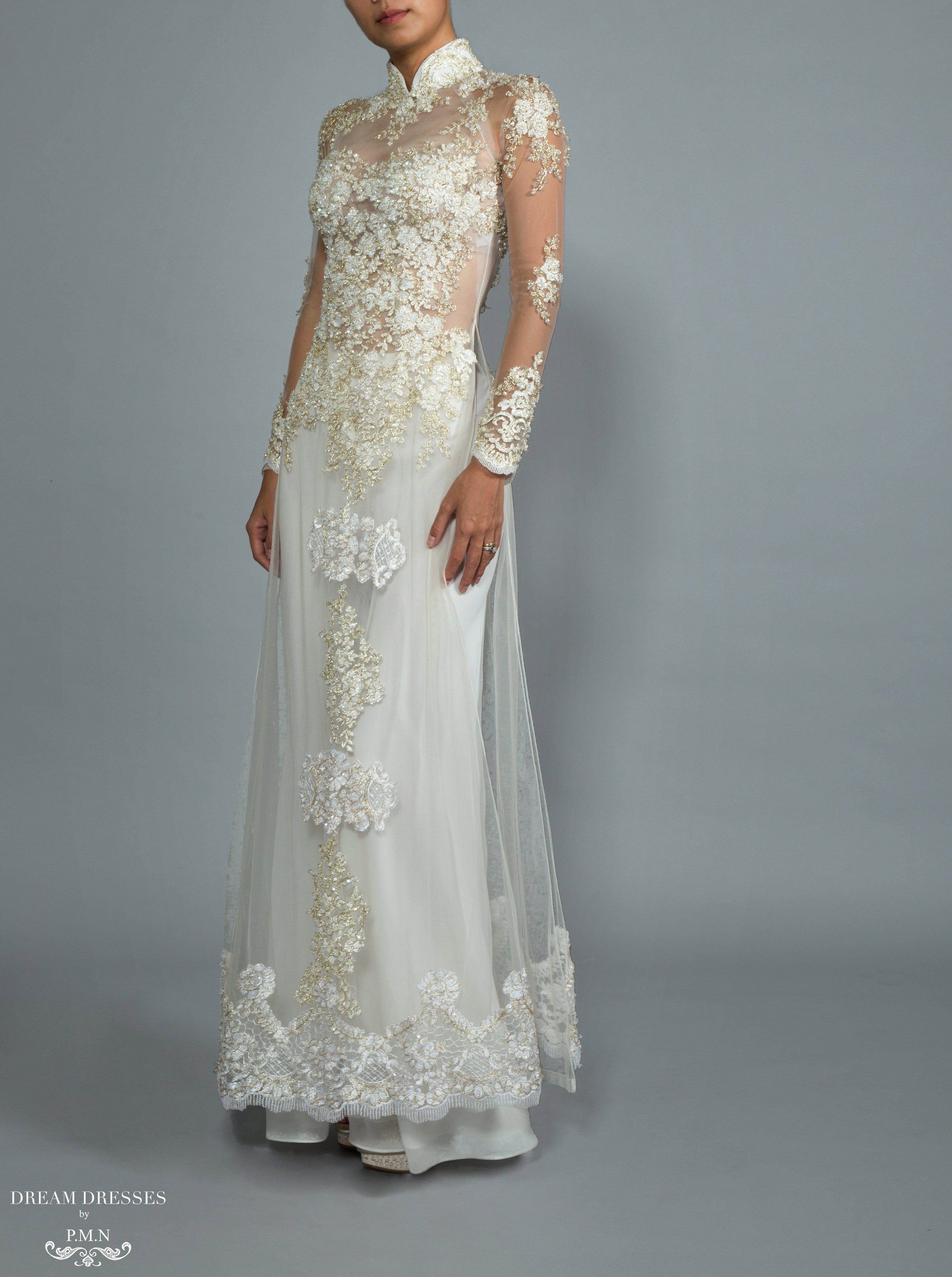 White Bridal Ao Dai | Custom Made Vietnamese Bridal Dress (#NADINE)
