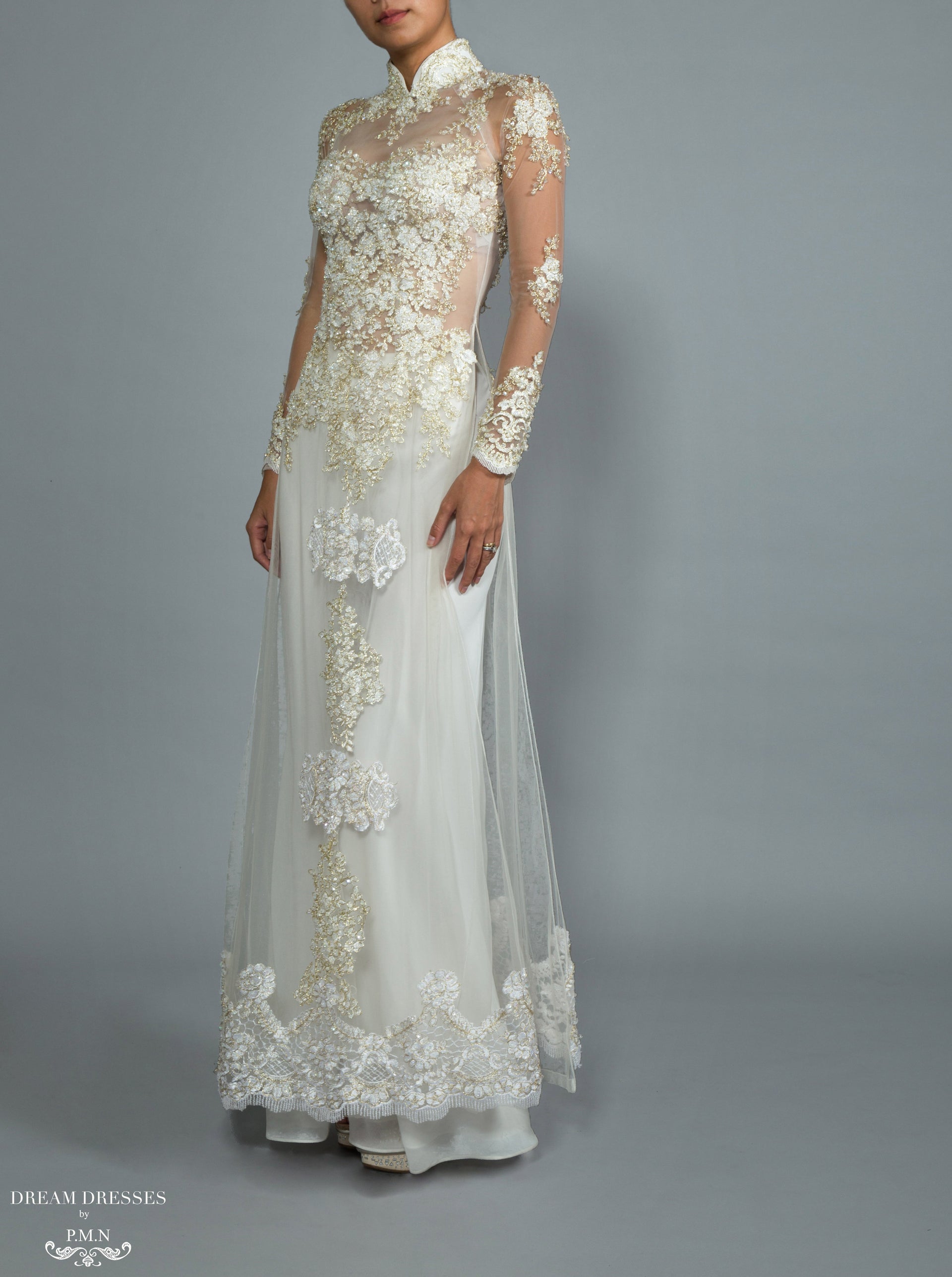 White Bridal Ao Dai | Custom Made Vietnamese Bridal Dress (#NADINE) - Dream Dresses by P.M.N.