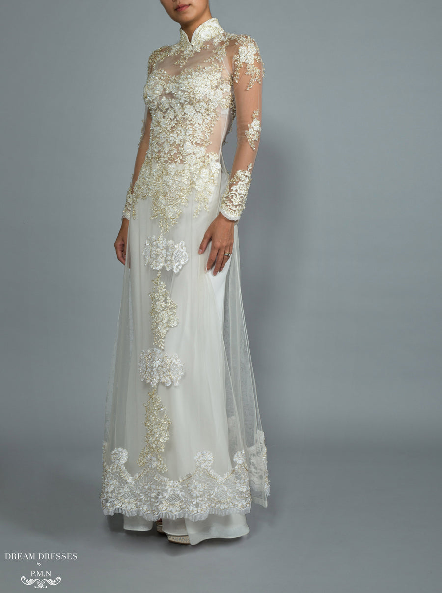 White Bridal Ao Dai | Custom Made Vietnamese Bridal Dress (#NADINE) - Dream Dresses by P.M.N.
