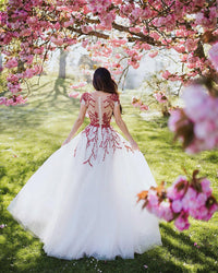 A-line Wedding Gown with Red Lace (#Nakia ) - Dream Dresses by P.M.N.