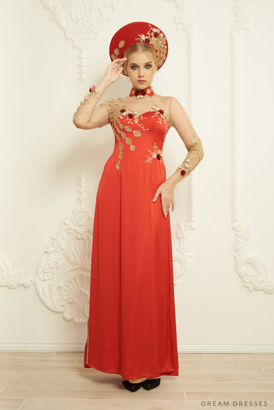 Red Bridal Ao Dai | Embellished Vietnamese Silk Bridal Dress (#NAYA) - Dream Dresses by P.M.N.