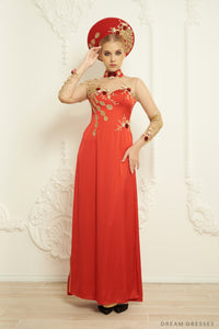 Red and Gold Ao Dai Hat | Vietnamese Bridal Hat (#GIOIA) - Dream Dresses by P.M.N.