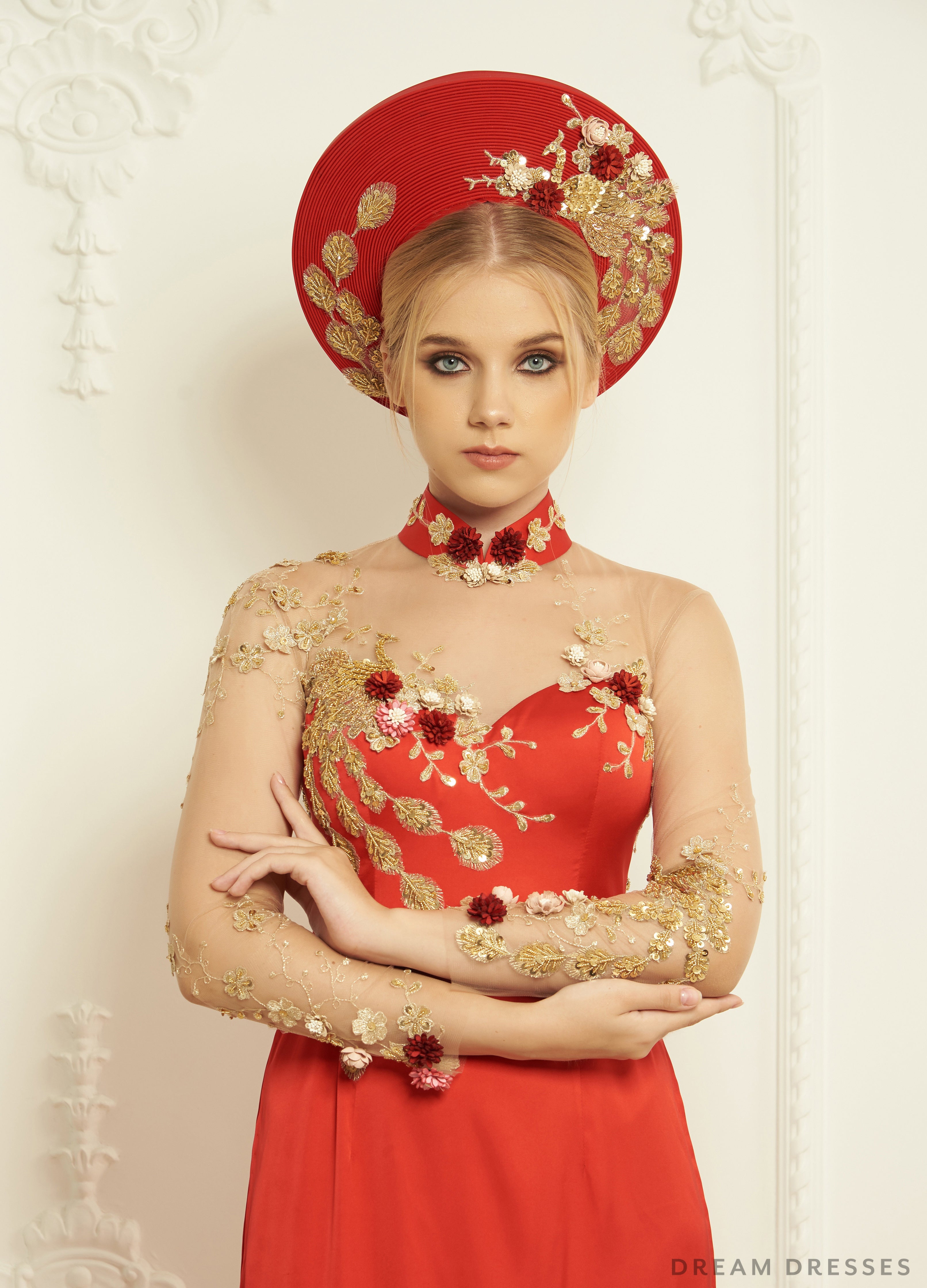 Red and Gold Ao Dai Hat | Vietnamese Bridal Hat (#GIOIA)