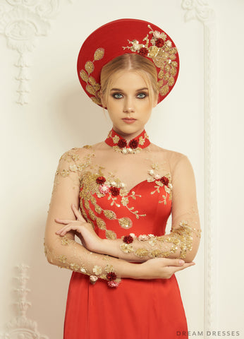 Red and Gold Ao Dai Hat | Vietnamese Bridal Hat (#GIOIA)