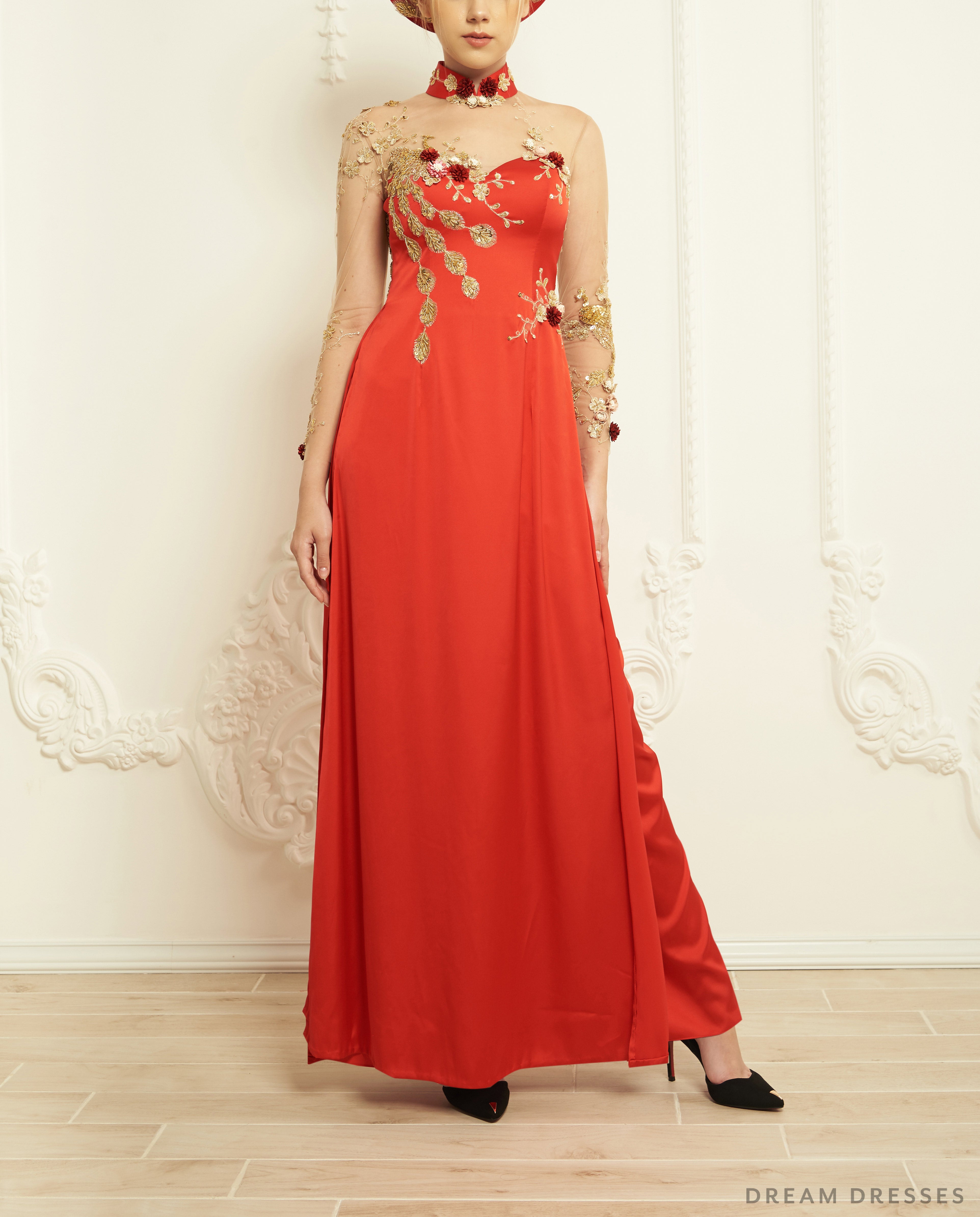 Red Bridal o Di Naya in Vietnamese Silk | Embellished Dress Red Bridal o Di Naya in Vietnamese Silk | Embellished Dress