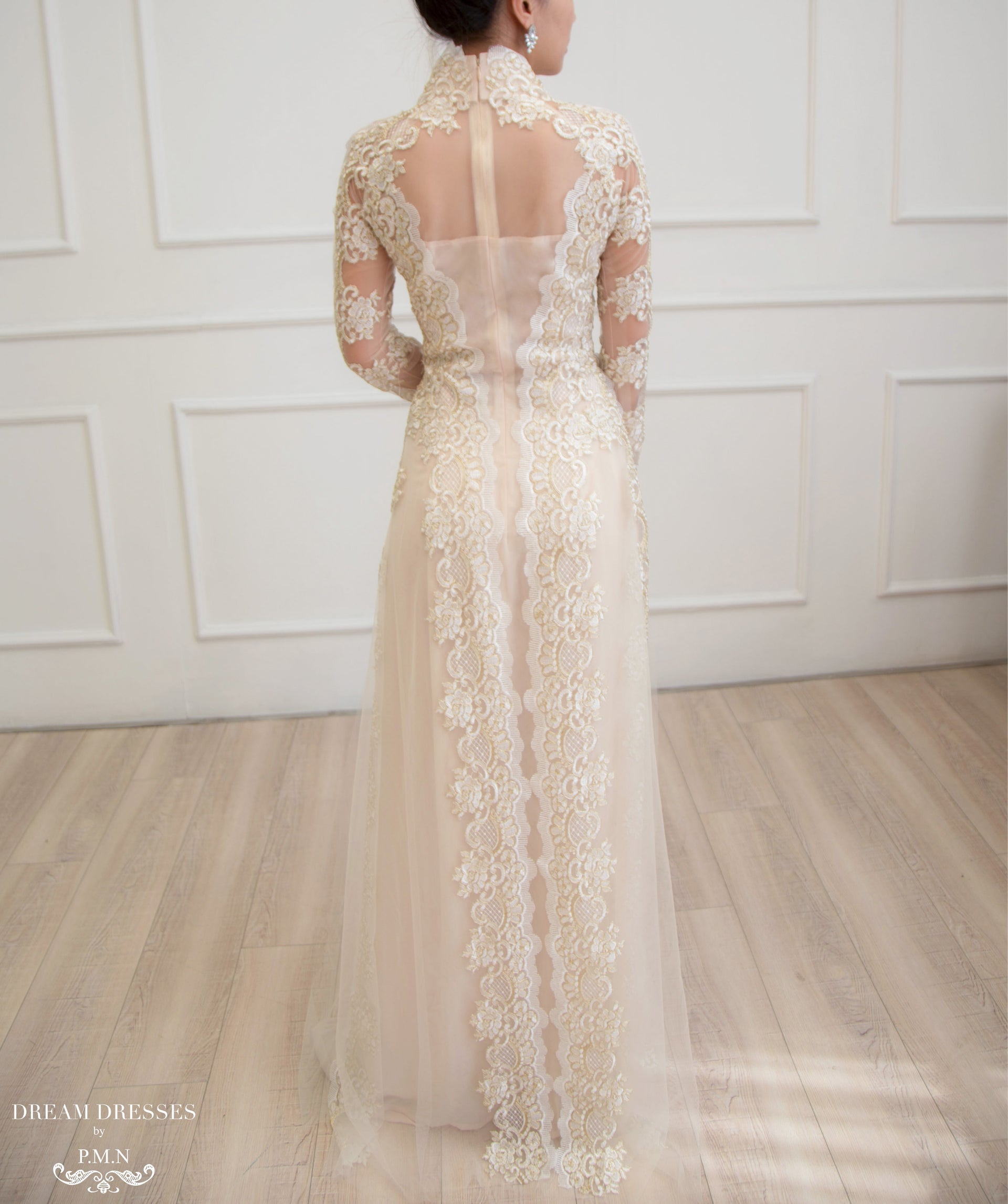 Beige Bridal Ao Dai | Vietnamese Lace Bridal Dress (#NIAH) - Dream Dresses by P.M.N.