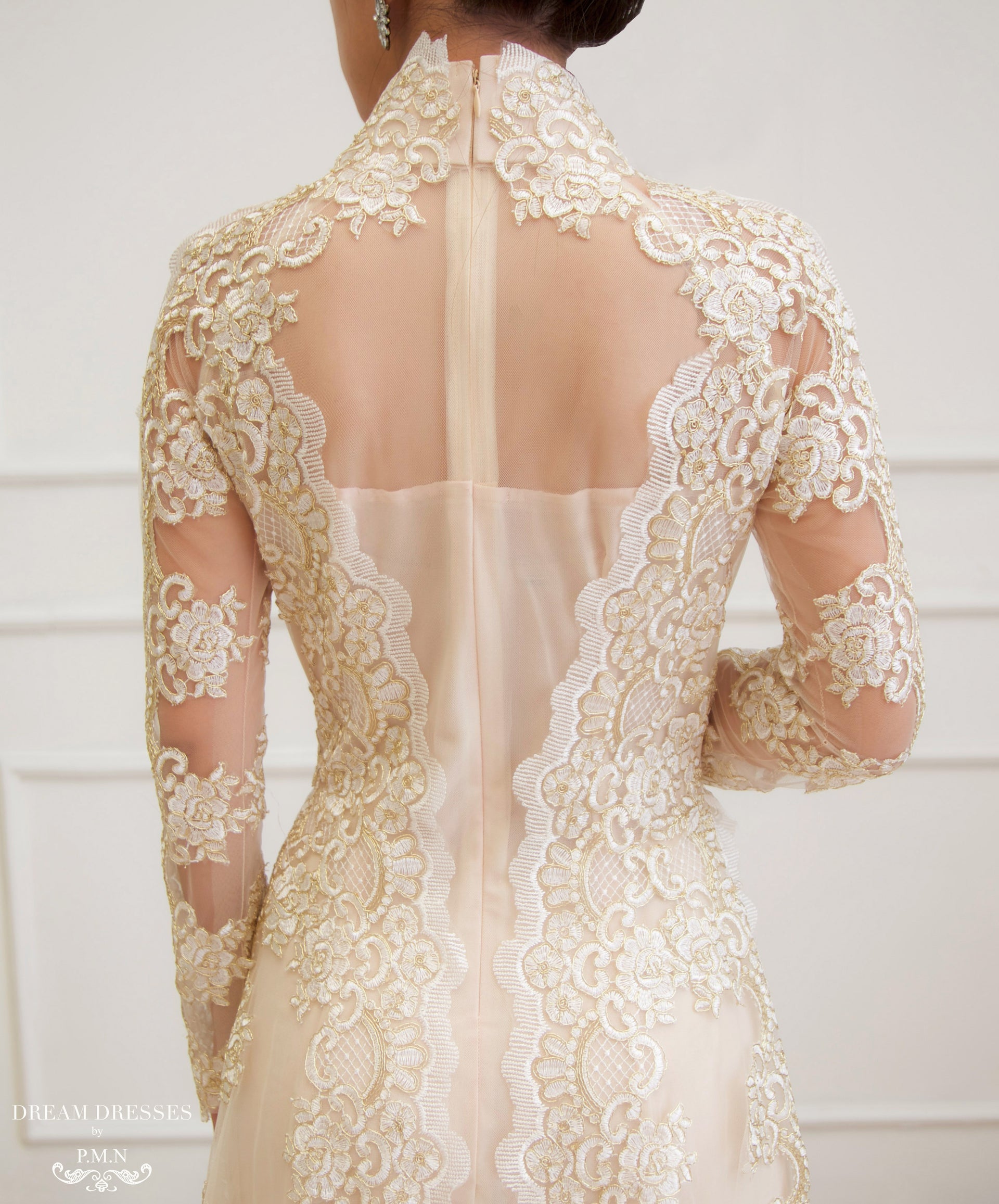 Beige Bridal Ao Dai | Vietnamese Lace Bridal Dress (#NIAH) - Dream Dresses by P.M.N.