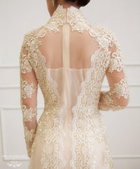 Beige Bridal Ao Dai | Vietnamese Lace Bridal Dress (#NIAH) - Dream Dresses by P.M.N.