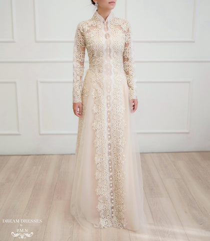 Beige Bridal Ao Dai | Vietnamese Lace Bridal Dress (#NIAH)