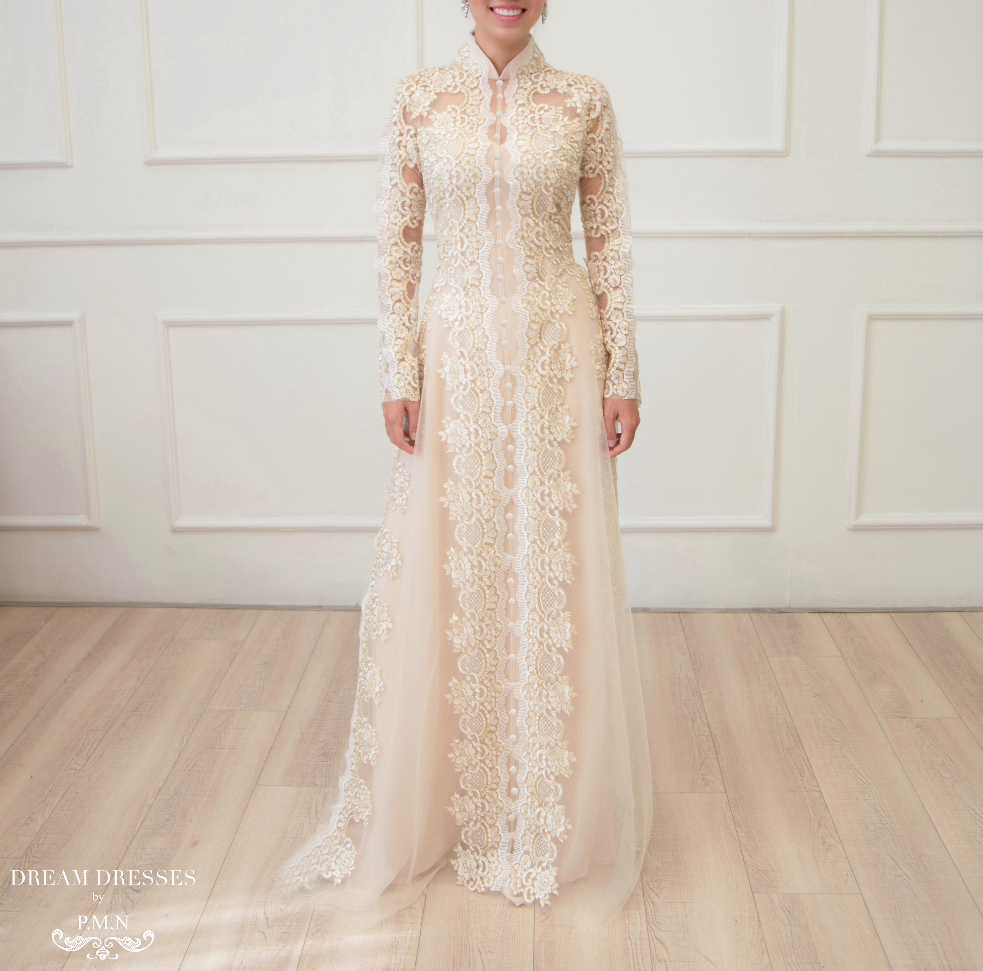 Beige Bridal Ao Dai | Vietnamese Lace Bridal Dress (#NIAH)