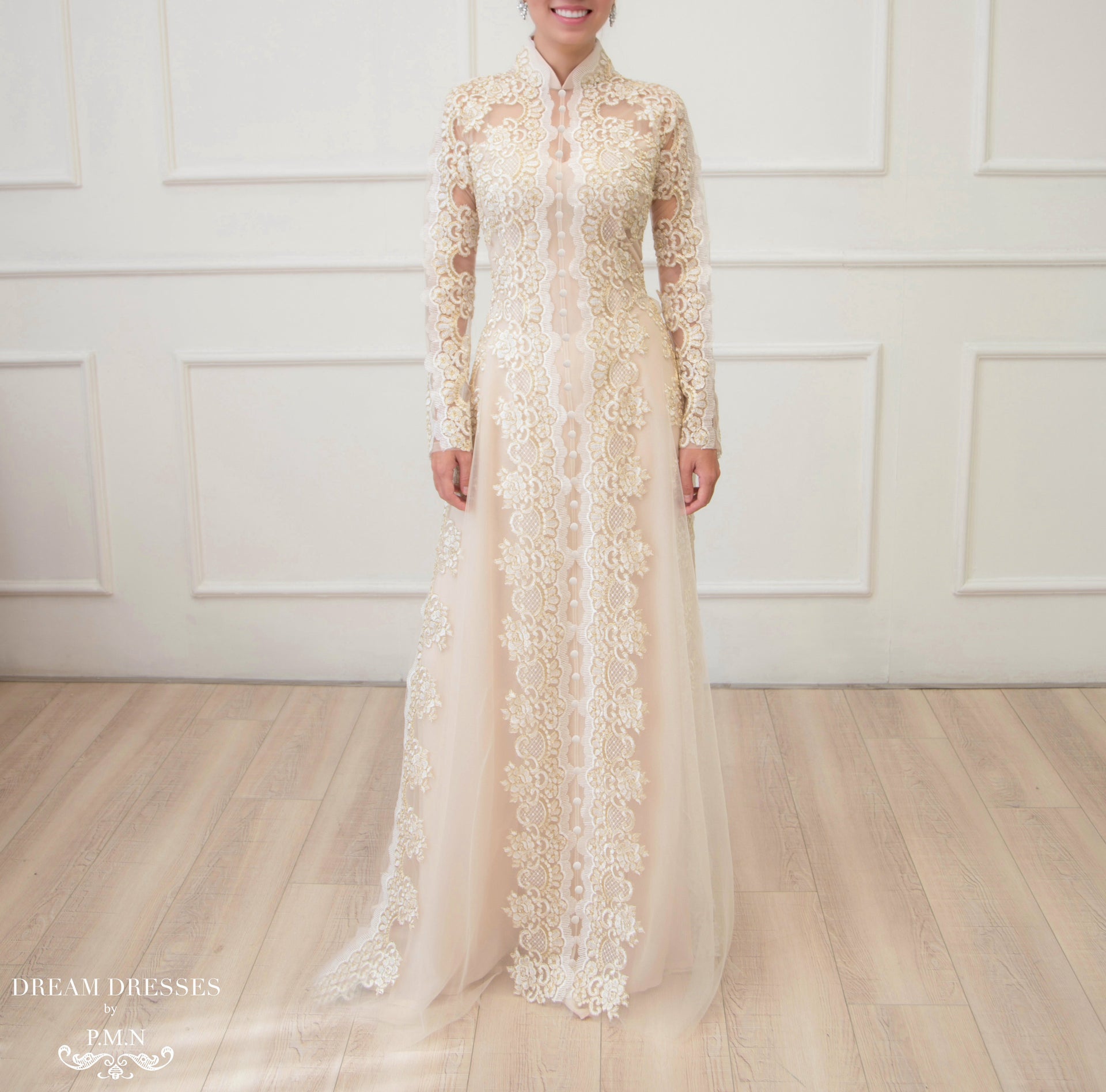 Beige Bridal Ao Dai | Vietnamese Lace Bridal Dress (#NIAH) - Dream Dresses by P.M.N.