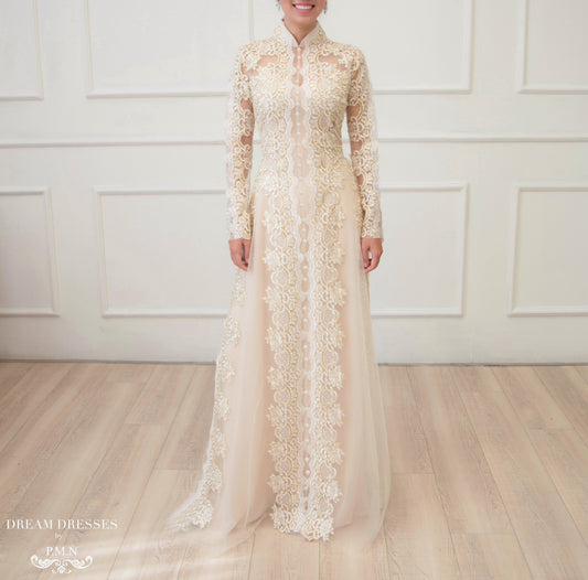 Beige Bridal Ao Dai | Vietnamese Lace Bridal Dress (#NIAH) - Dream Dresses by P.M.N.