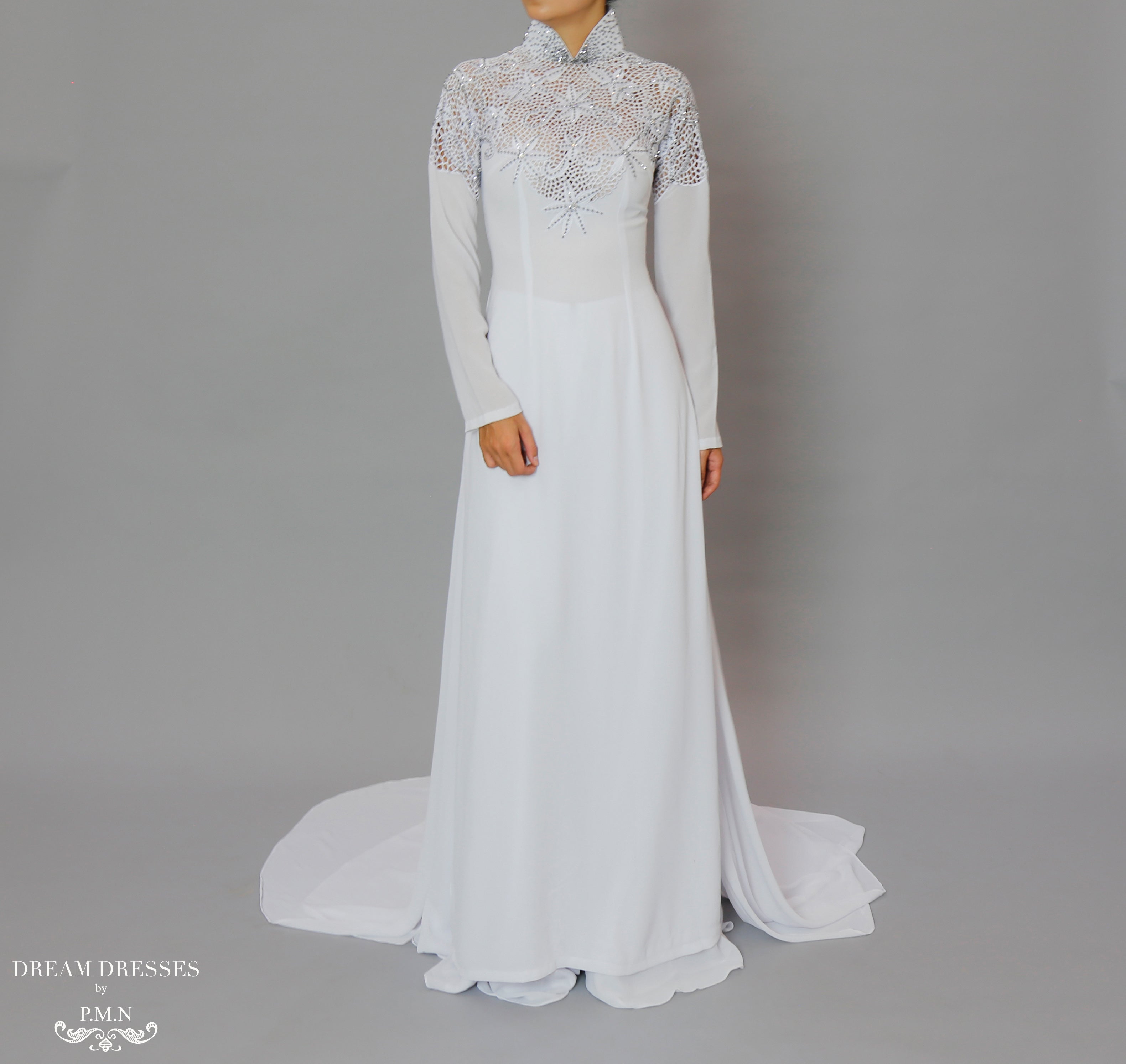 White Bridal Ao Dai | Vietnamese Bridal Dress with Embellishment (#ODILE)