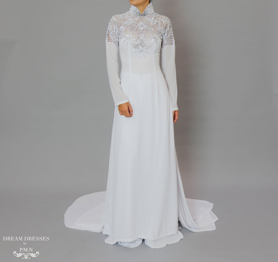 White Bridal Ao Dai | Vietnamese Bridal Dress with Embellishment (#ODILE) - Dream Dresses by P.M.N.