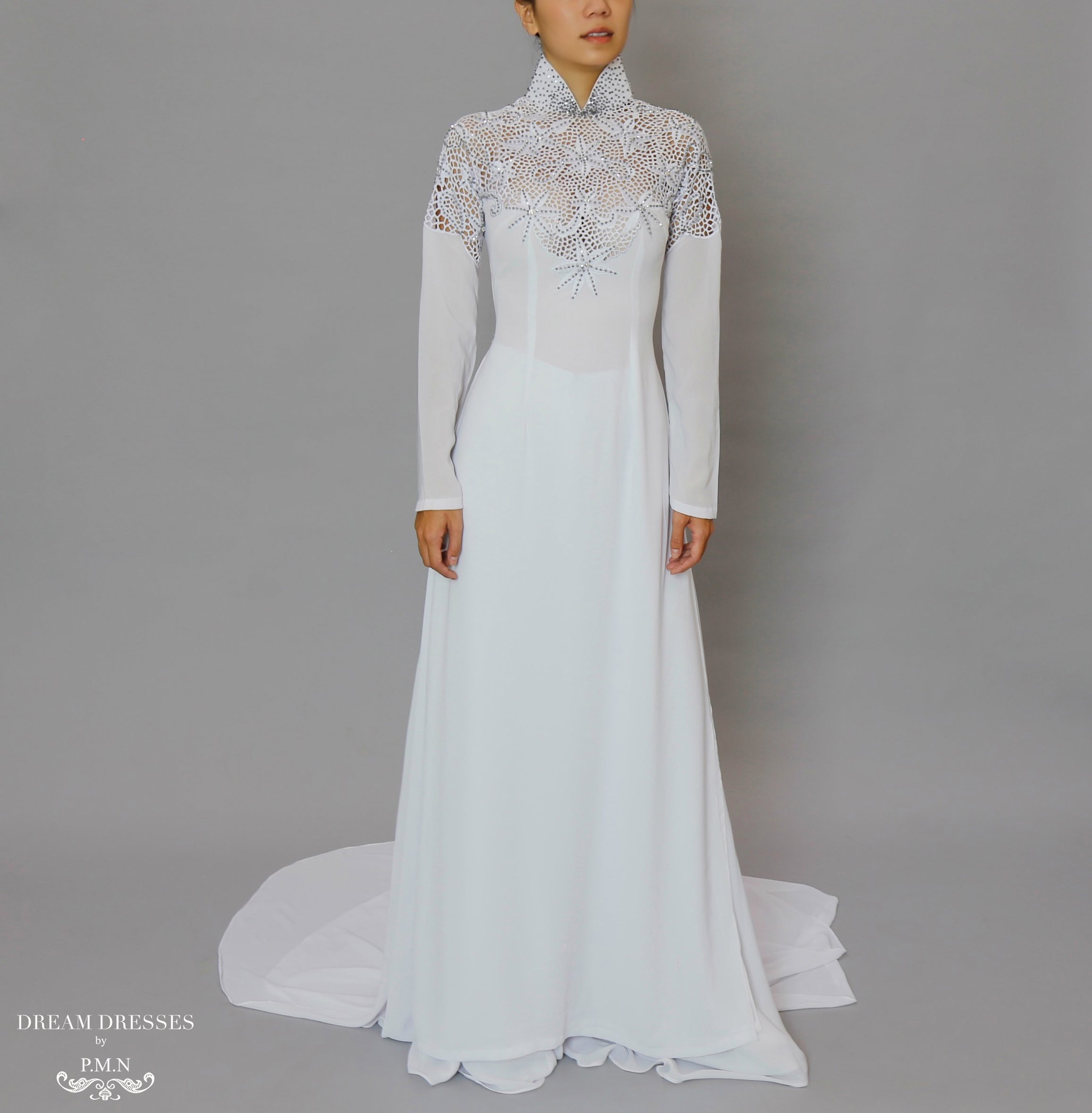 White Bridal Ao Dai | Vietnamese Bridal Dress with Embellishment (#ODILE)