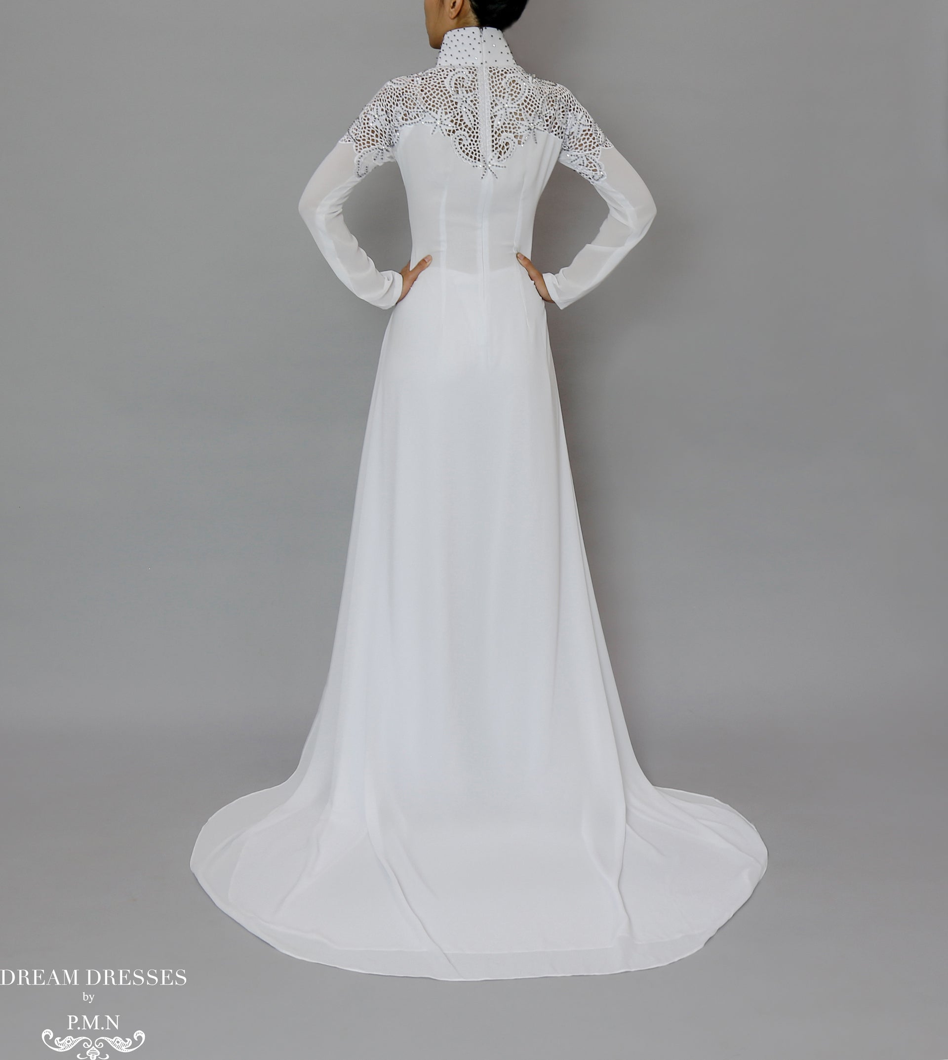 White Bridal Ao Dai | Vietnamese Bridal Dress with Embellishment (#ODILE) - Dream Dresses by P.M.N.