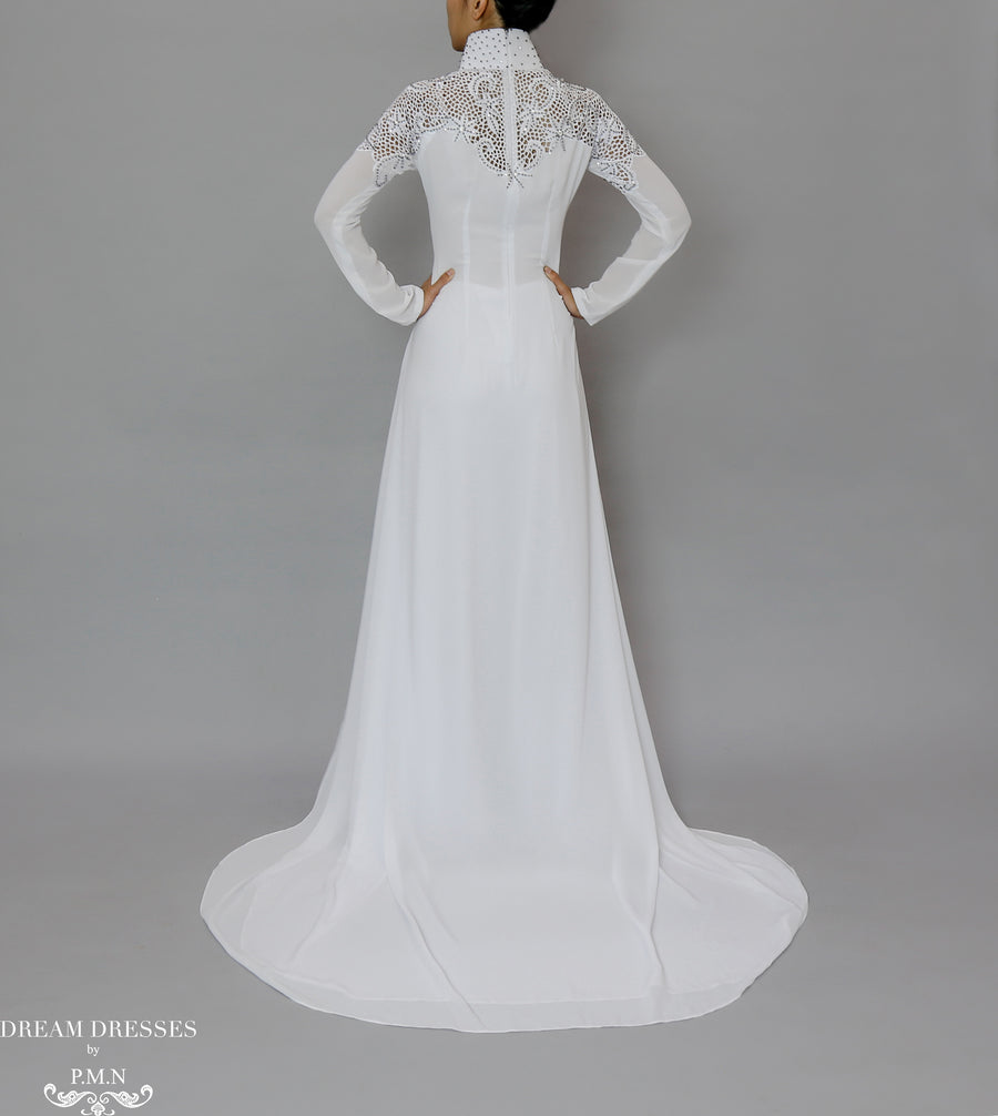 White Bridal Ao Dai | Vietnamese Bridal Dress with Embellishment (#ODILE) - Dream Dresses by P.M.N.