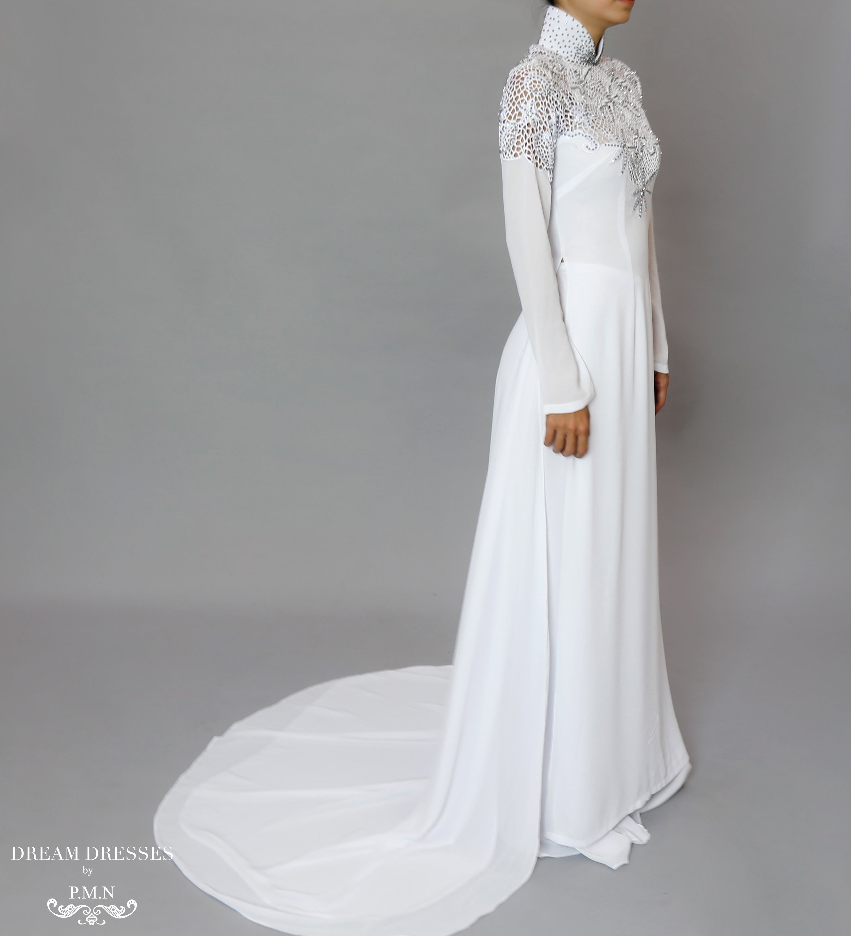 White Bridal Ao Dai | Vietnamese Bridal Dress with Embellishment (#ODILE)