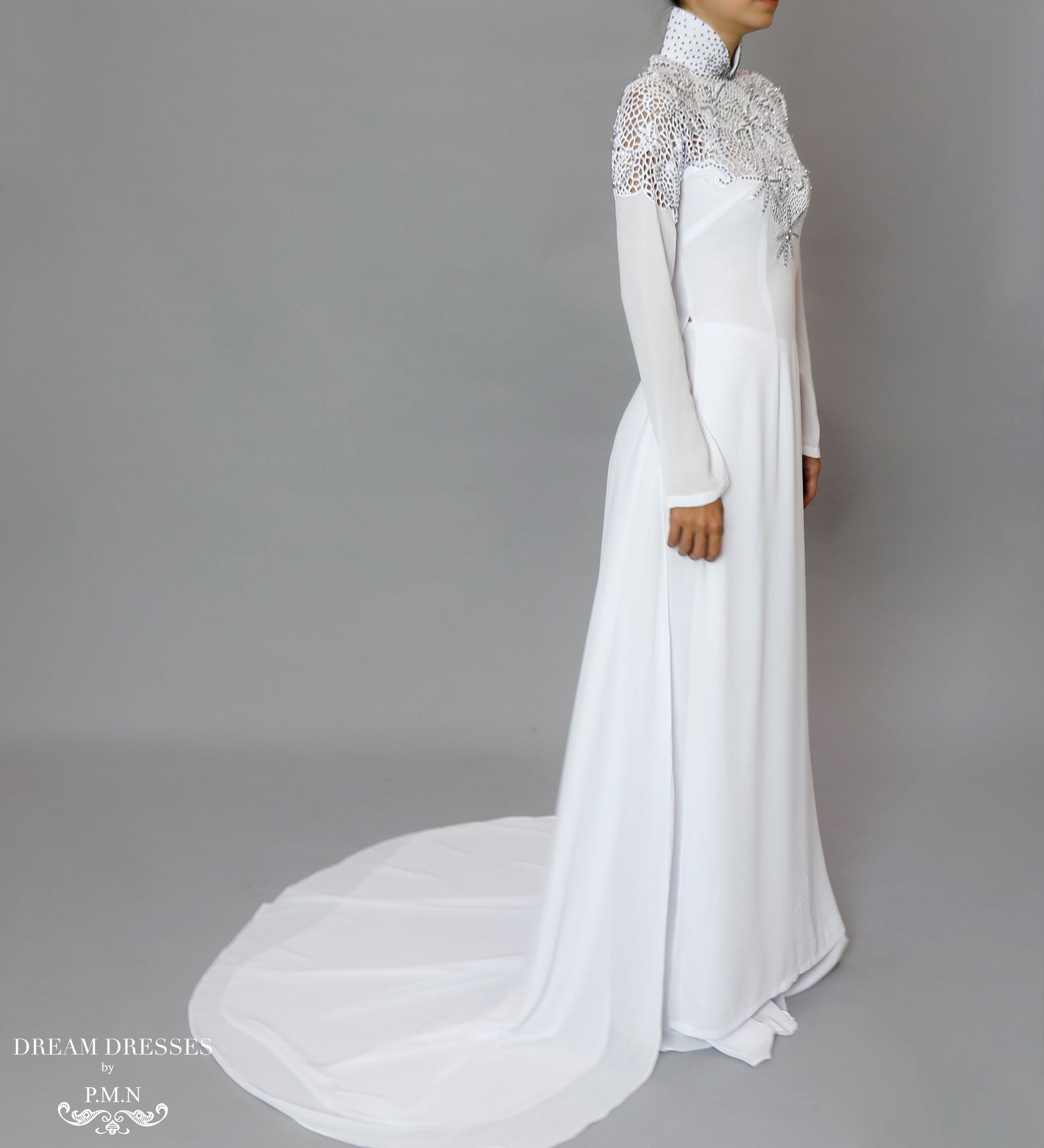 White Bridal Ao Dai | Vietnamese Bridal Dress with Embellishment (#ODILE) - Dream Dresses by P.M.N.