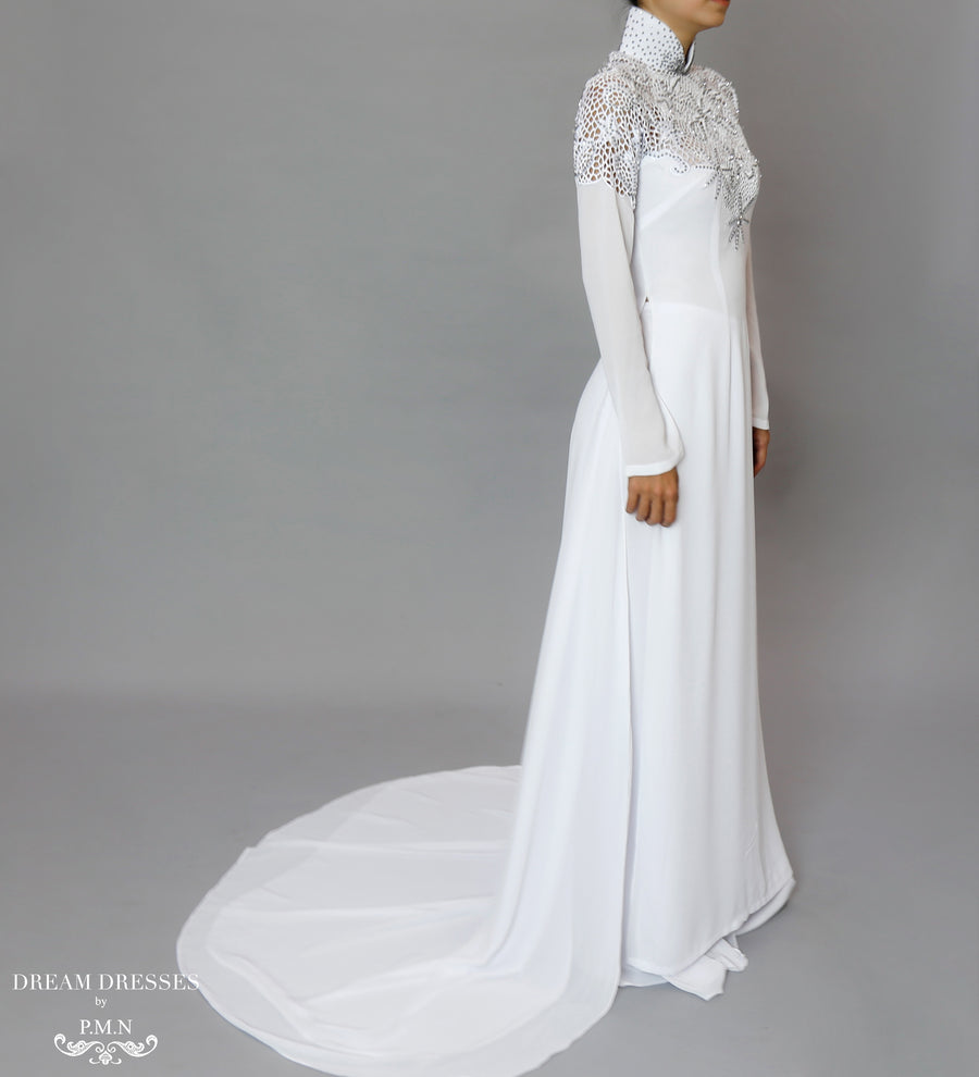 White Bridal Ao Dai | Vietnamese Bridal Dress with Embellishment (#ODILE) - Dream Dresses by P.M.N.