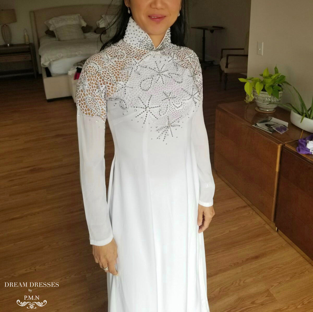 White Bridal Ao Dai | Vietnamese Bridal Dress with Embellishment (#ODILE)