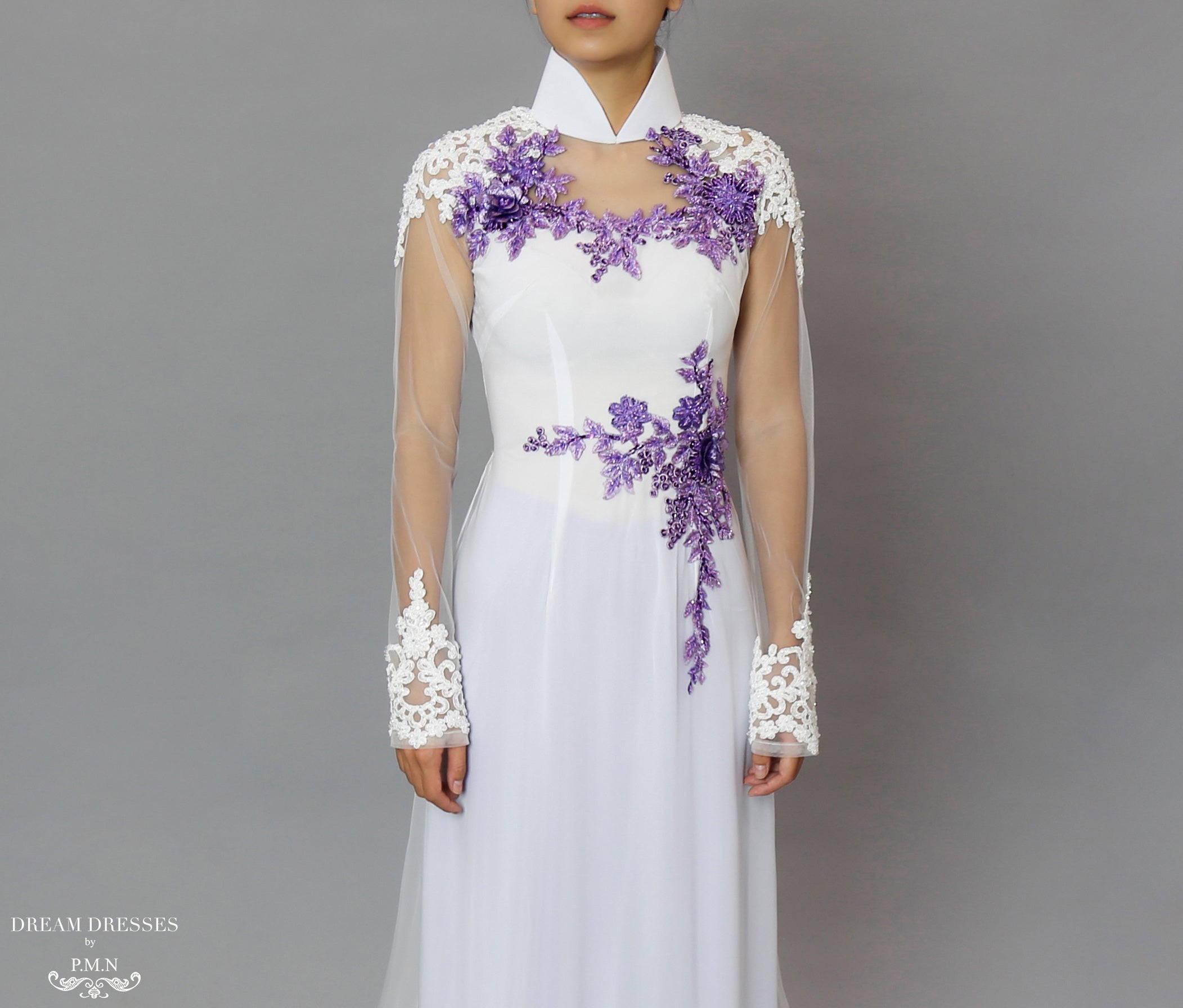White and Purple Ao Dai Beaded Lace Vietnamese Bridal Dress Dream Dresses by P.M.N