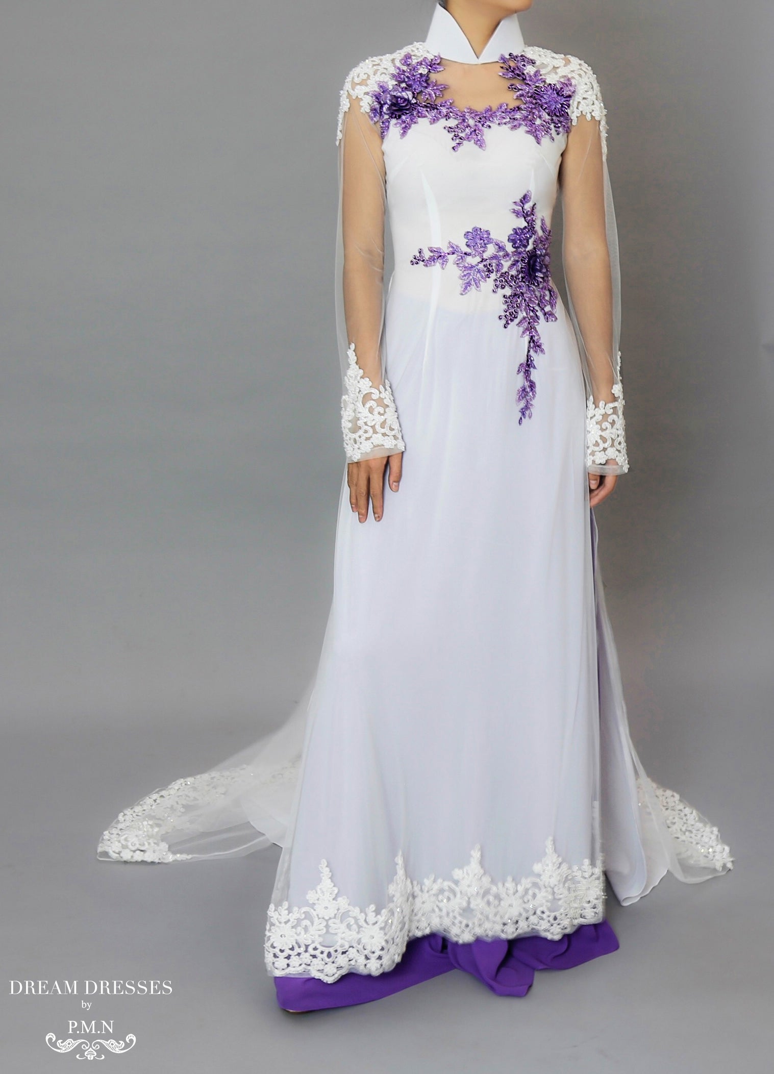 White and Purple Ao Dai | Beaded Lace Vietnamese Bridal Dress (#OCTAVIA)