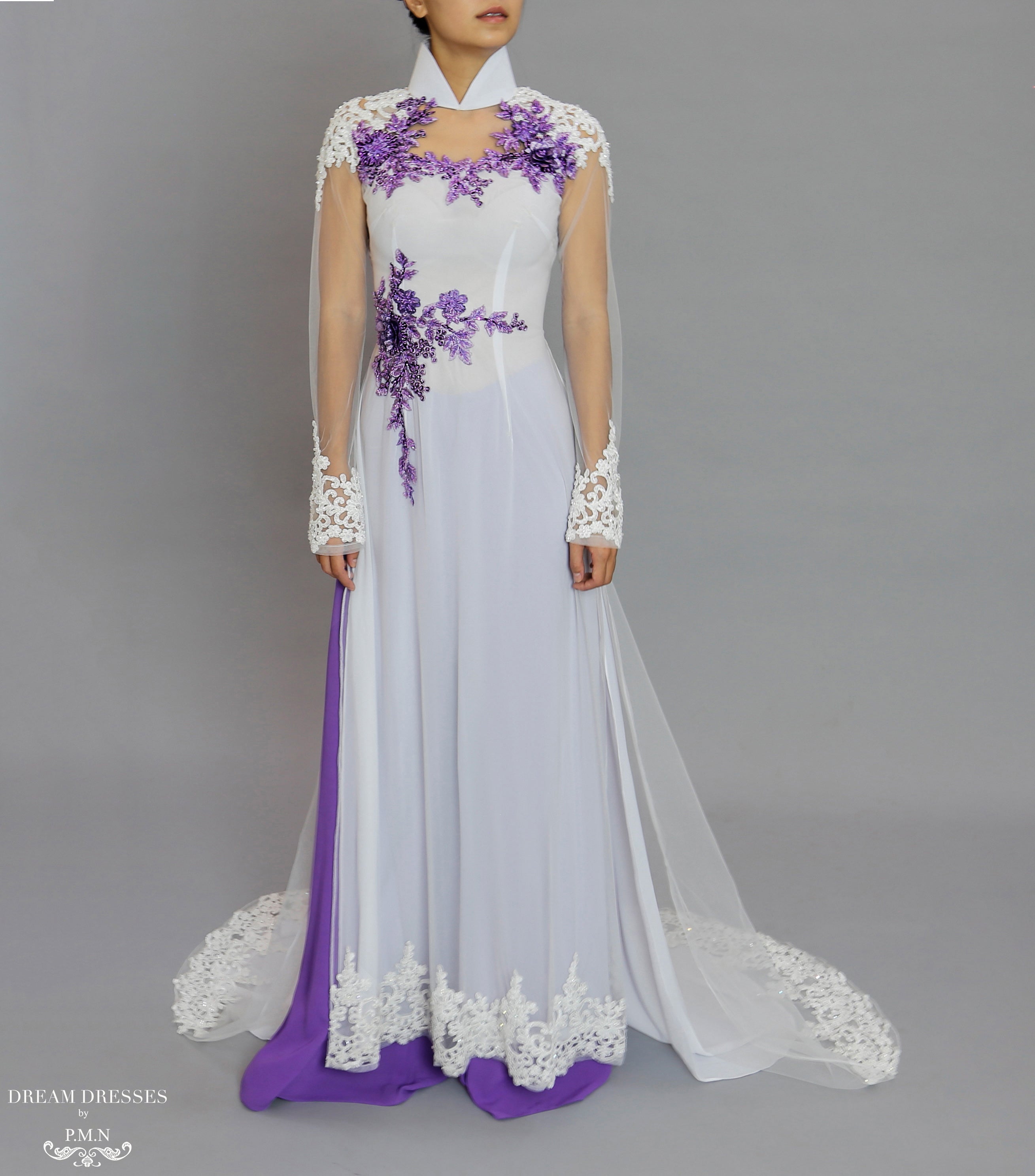 White and Purple Ao Dai | Beaded Lace Vietnamese Bridal Dress (#OCTAVIA)