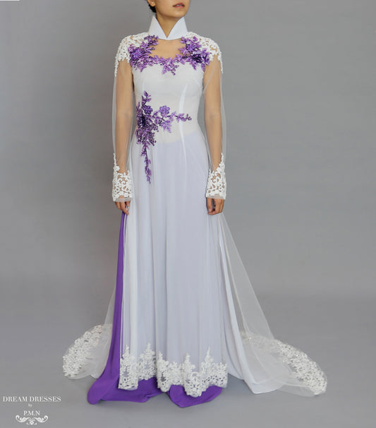 White and Purple Ao Dai | Beaded Lace Vietnamese Bridal Dress (#OCTAVIA) - Dream Dresses by P.M.N.