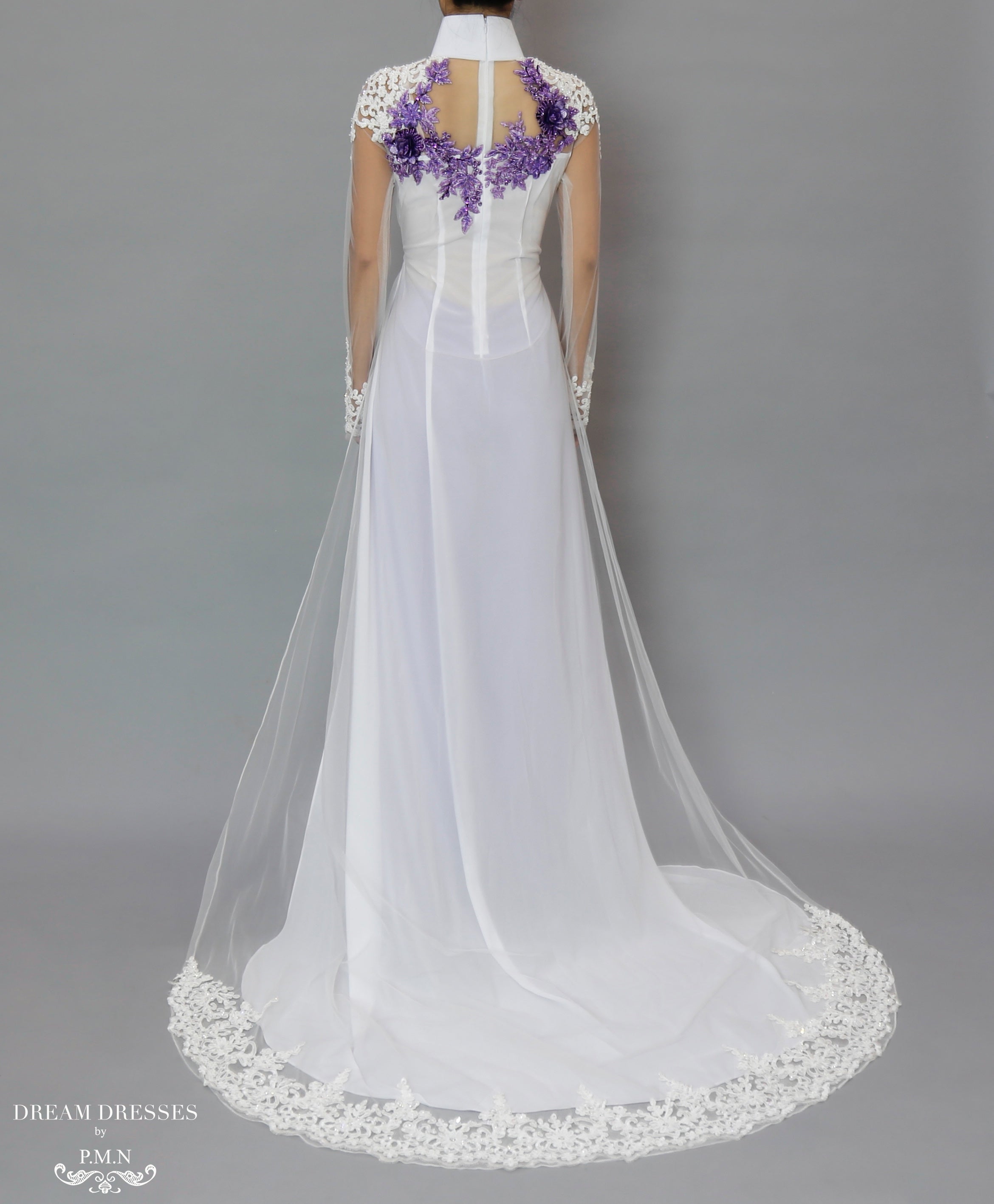 DreamDress By PMN Octavia Ao Dai Inspired Wedding Dress Gown Illusion Neckline Purple Floral Beadings Chiffon Chapel Pants | Size: Custom DreamDress By PMN Octavia Ao Dai Inspired Wedding Dress Gown Illusion Neckline Purple Floral Beadings Chiffon Chapel Pants | Size: Custom