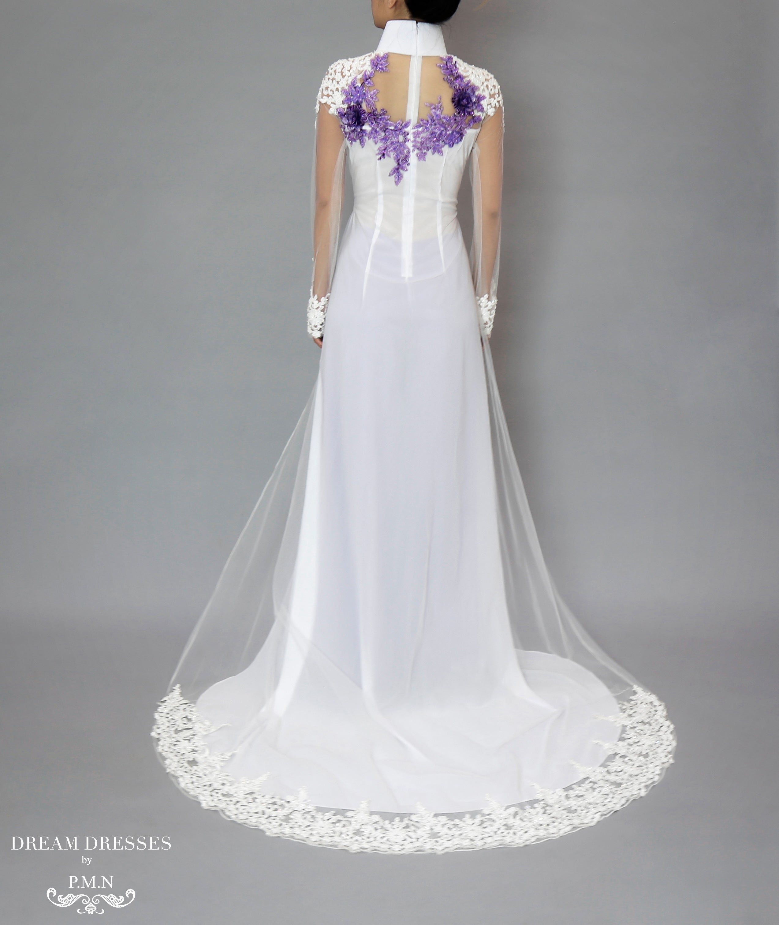 DreamDress By PMN Octavia Ao Dai Inspired Wedding Dress Gown Illusion Neckline Purple Floral Beadings Chiffon Chapel Pants