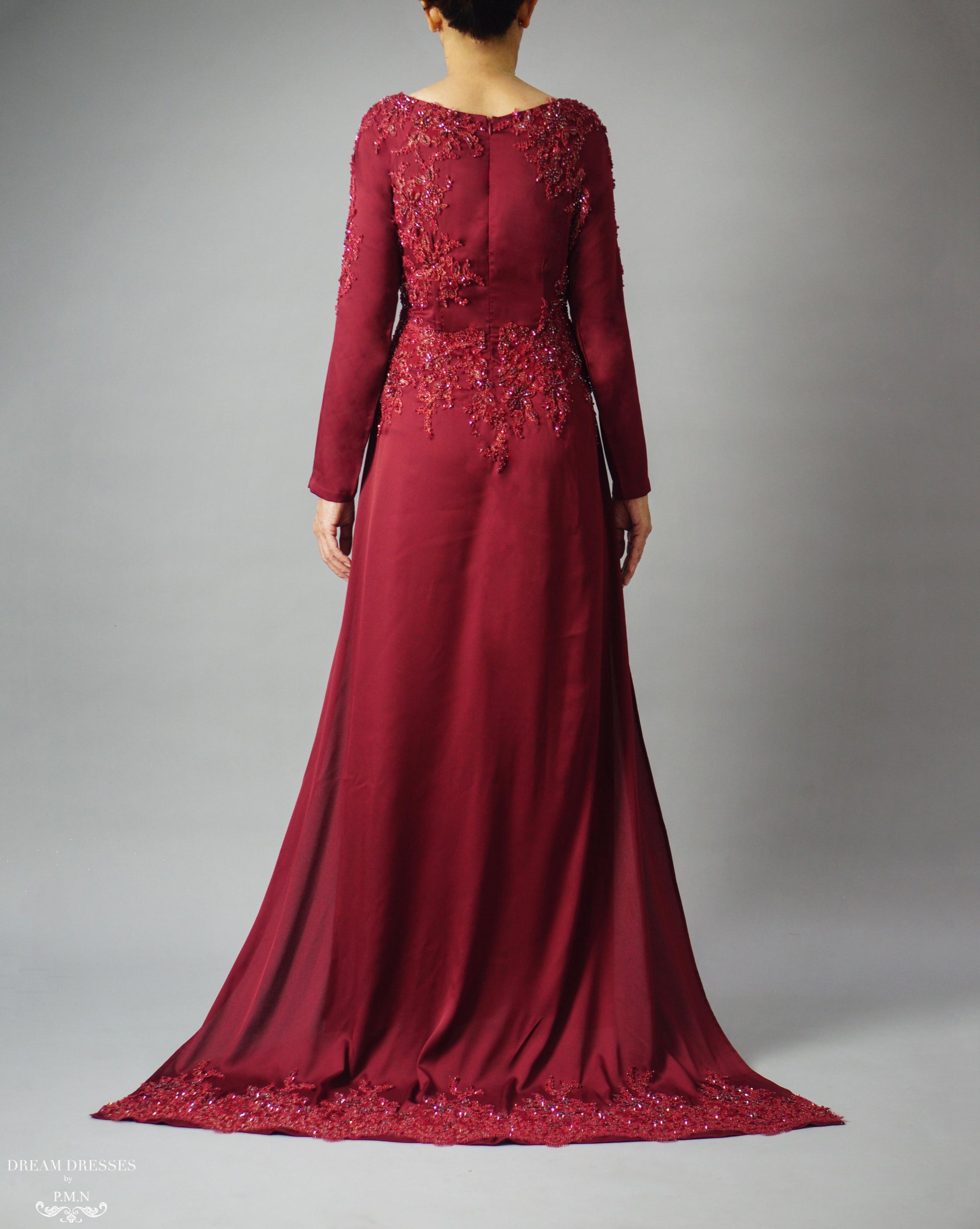 Burgundy Ao Dai | Vietnamese Bridal Dress with Embellishment (#PAPHOS) - Dream Dresses by P.M.N.