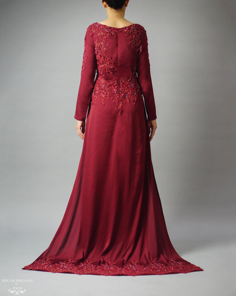 Burgundy Ao Dai | Vietnamese Bridal Dress with Embellishment (#PAPHOS) - Dream Dresses by P.M.N.