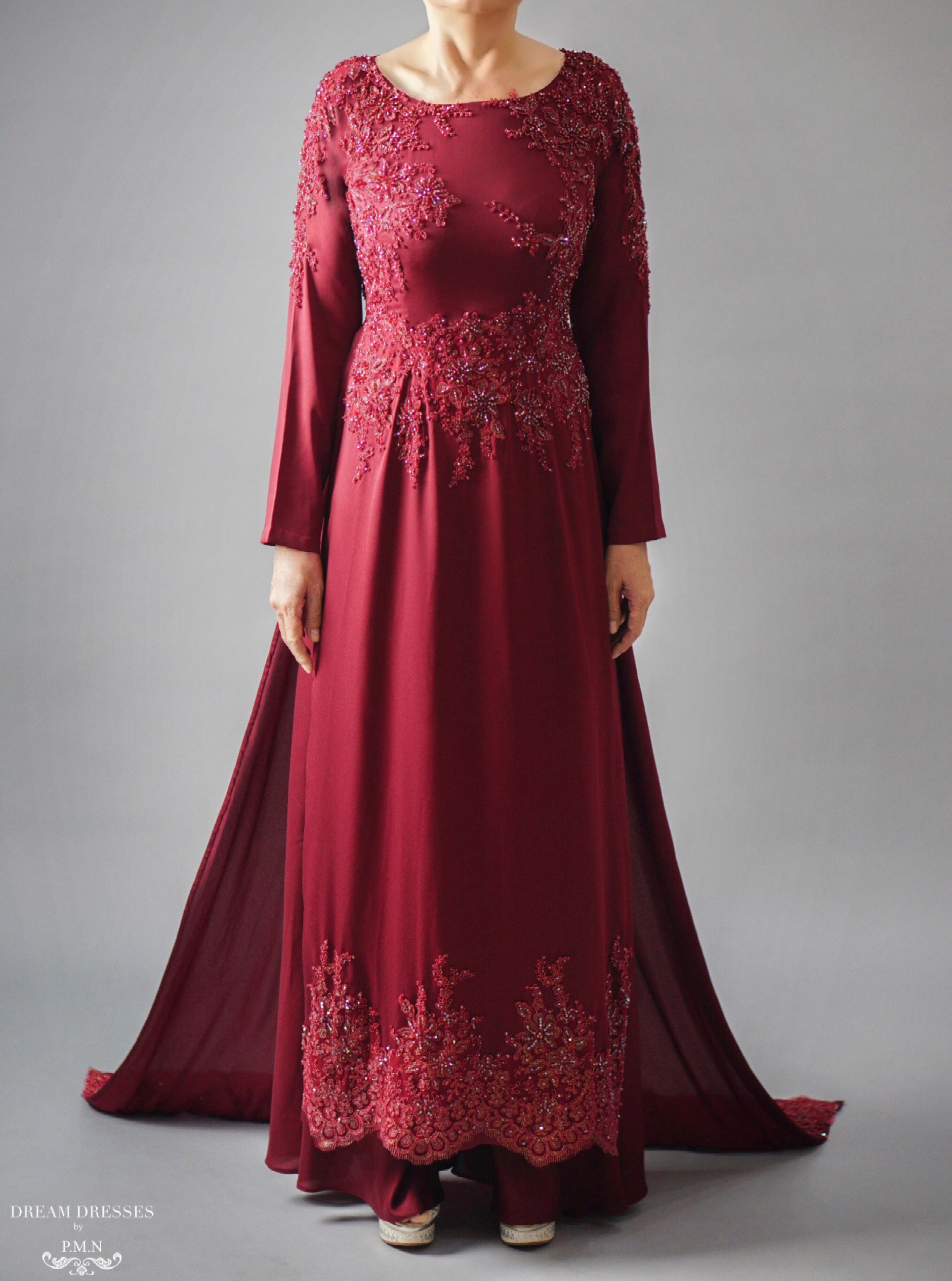 Burgundy Ao Dai | Vietnamese Bridal Dress with Embellishment (#PAPHOS)