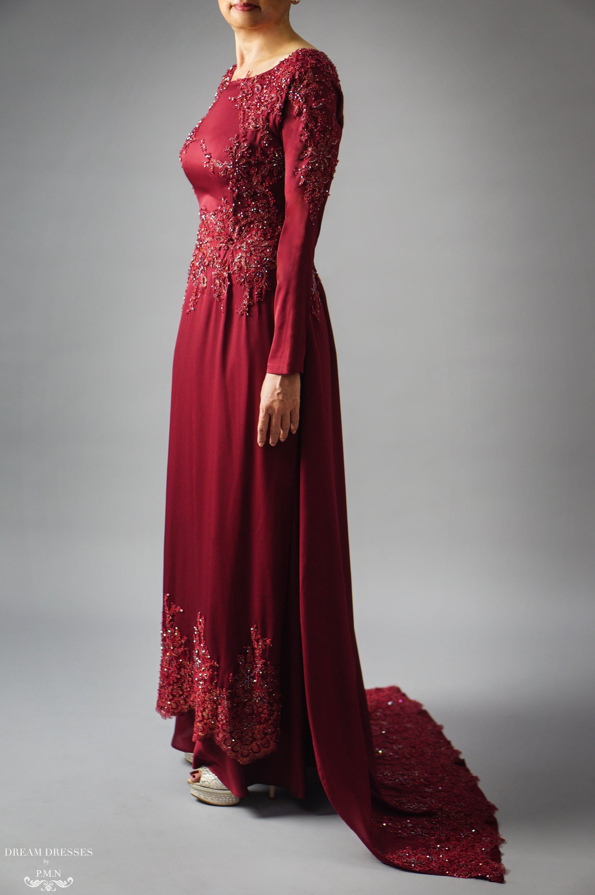 Burgundy Ao Dai | Vietnamese Bridal Dress with Embellishment (#PAPHOS) - Dream Dresses by P.M.N.